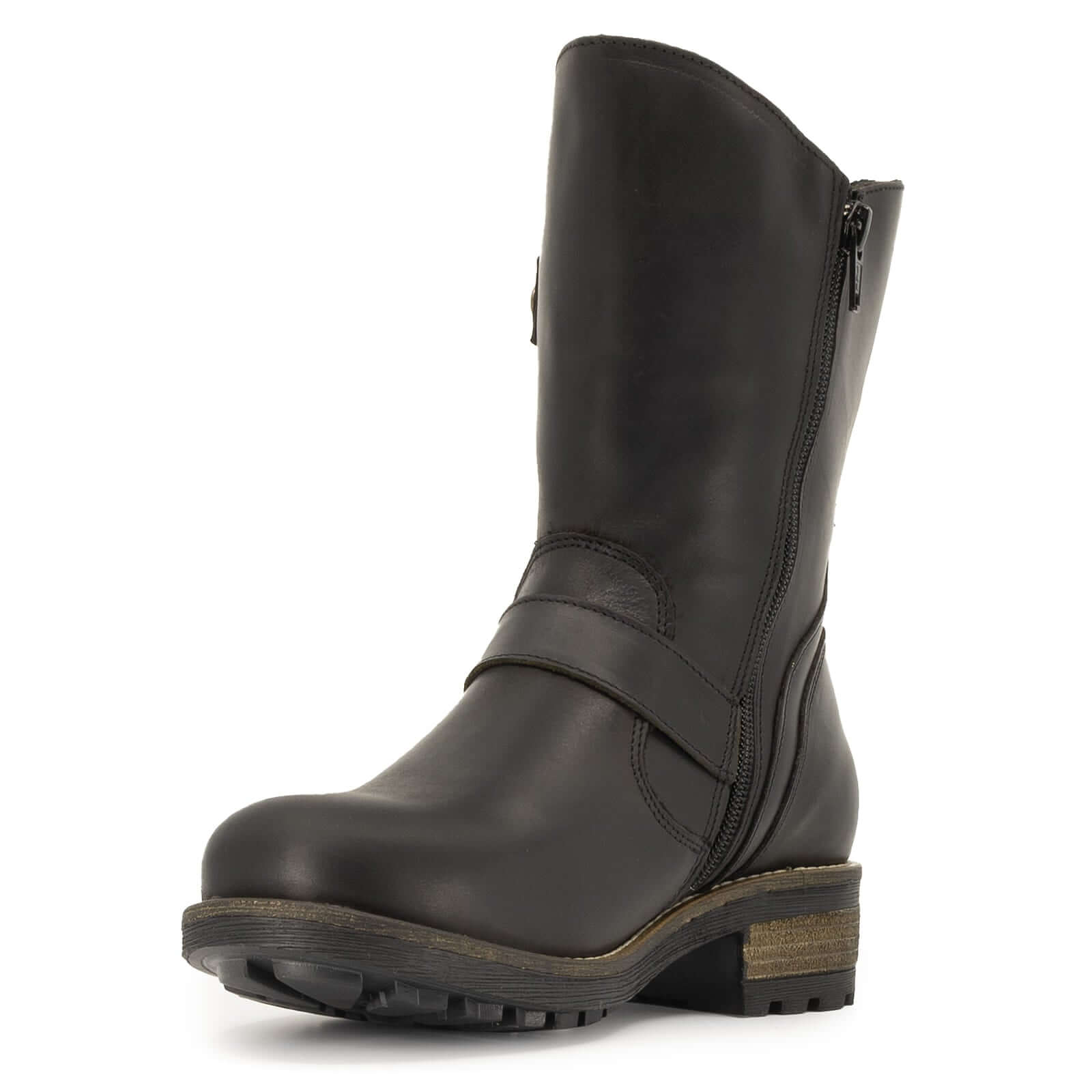 Angled zip side view of black Crest Demi 2 ankle boots showing stitching detail