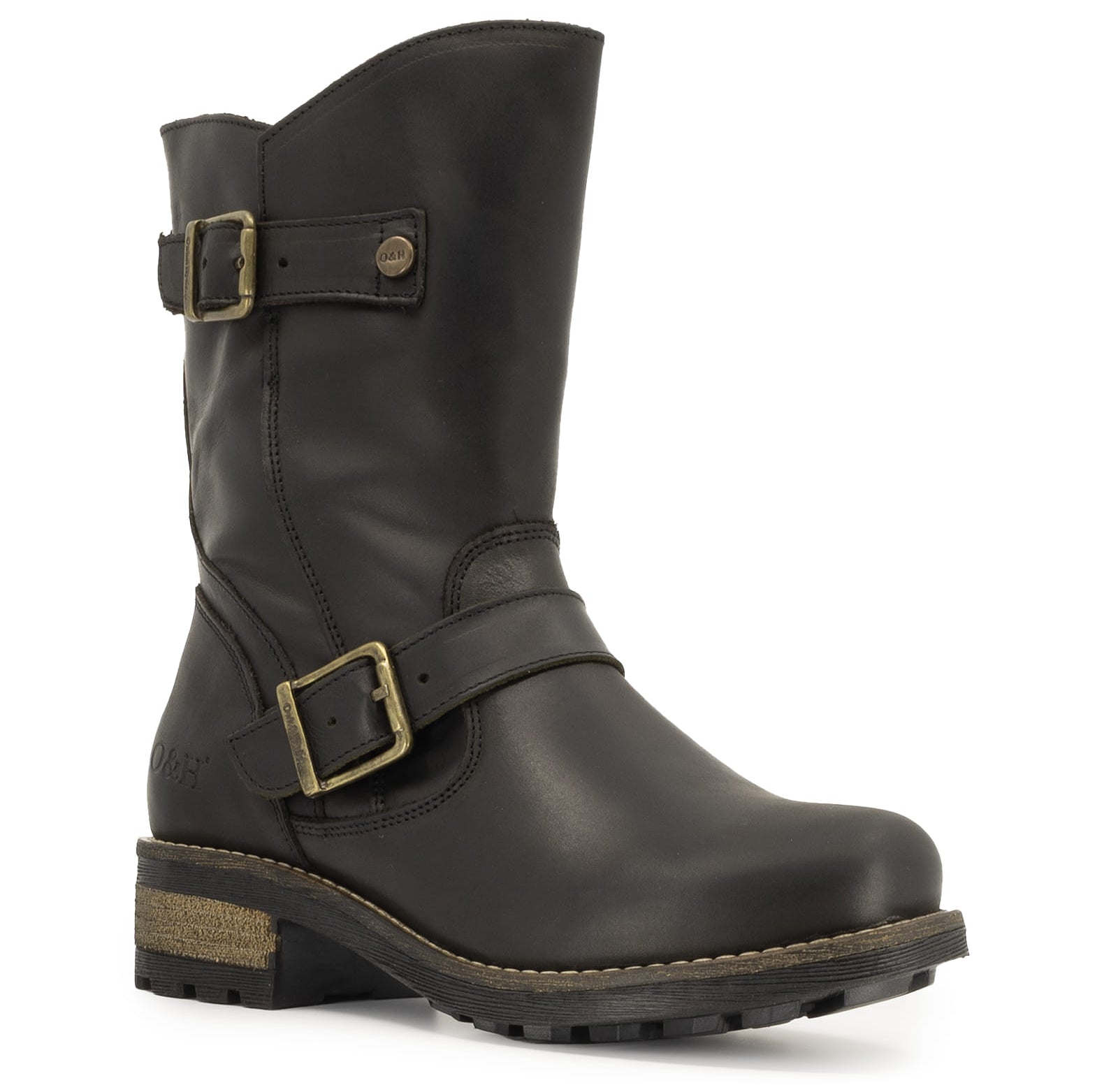 Angled buckle side view of black Crest Demi 2 ankle boots showing strap hardware