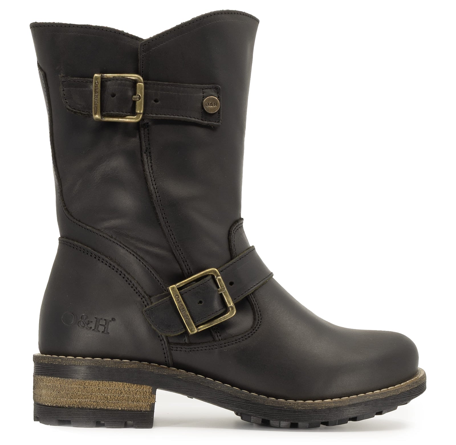 side profile of crest demi 2 black boots showing buckles and heel
