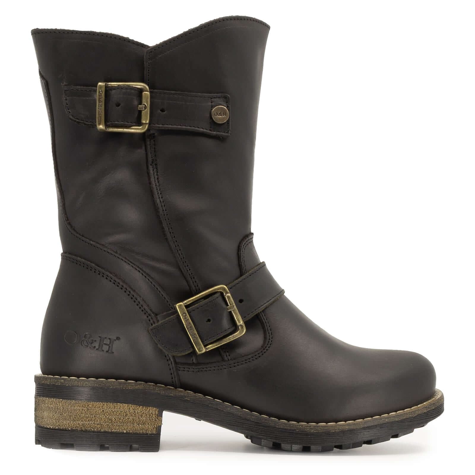 side profile of crest demi 2 black boots showing buckles and heel