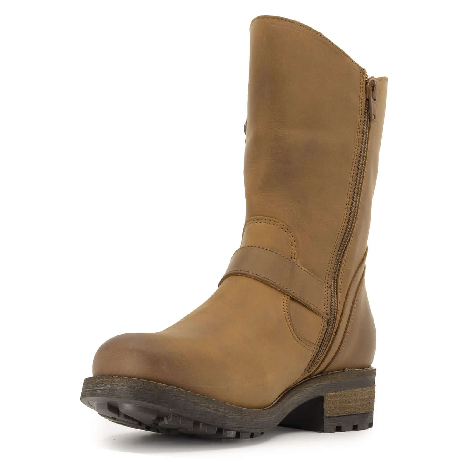 Angled side view of cognac Crest Demi 2 ankle boots showing zip and stitching