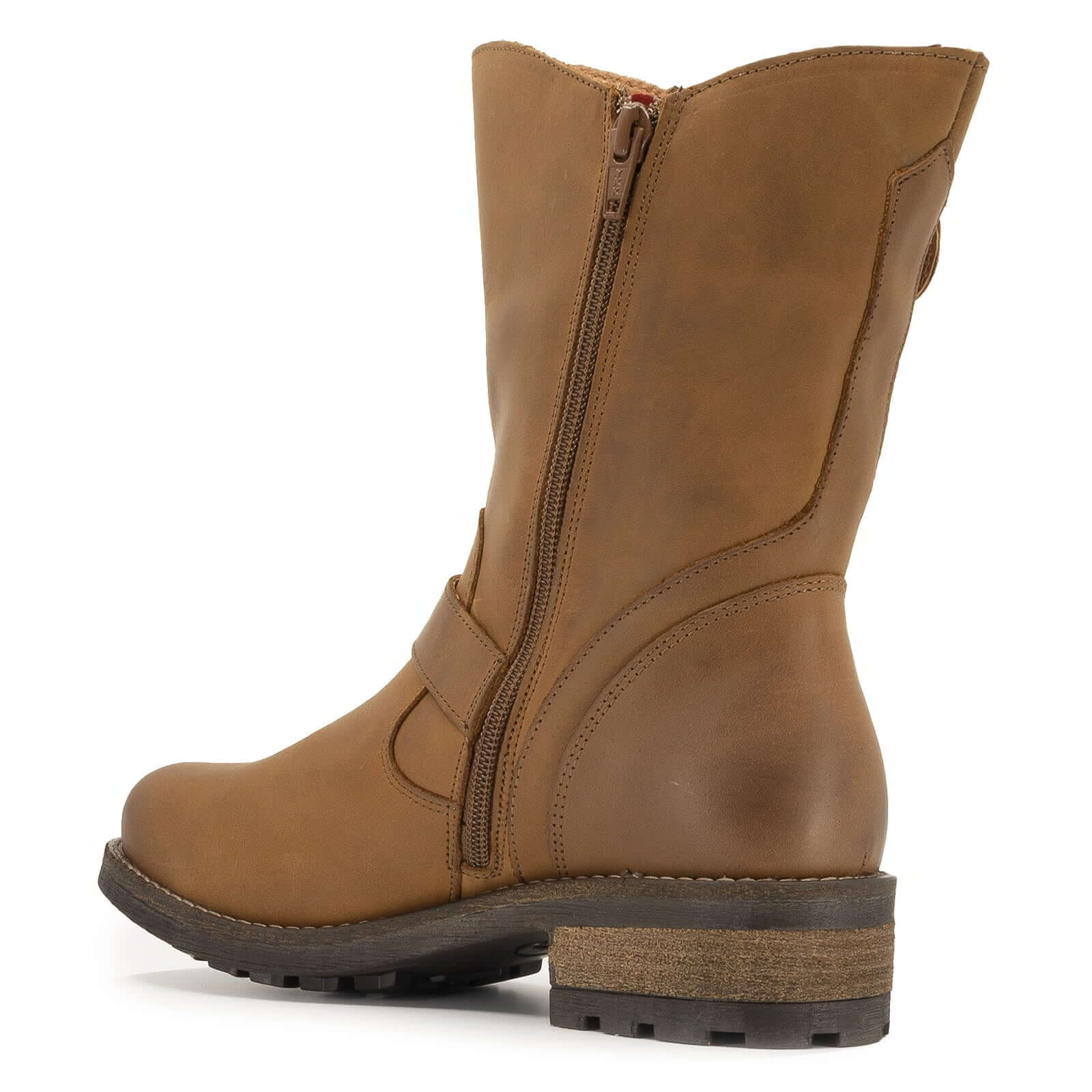 Side view of cognac Crest Demi 2 ankle boots showing zip fastening