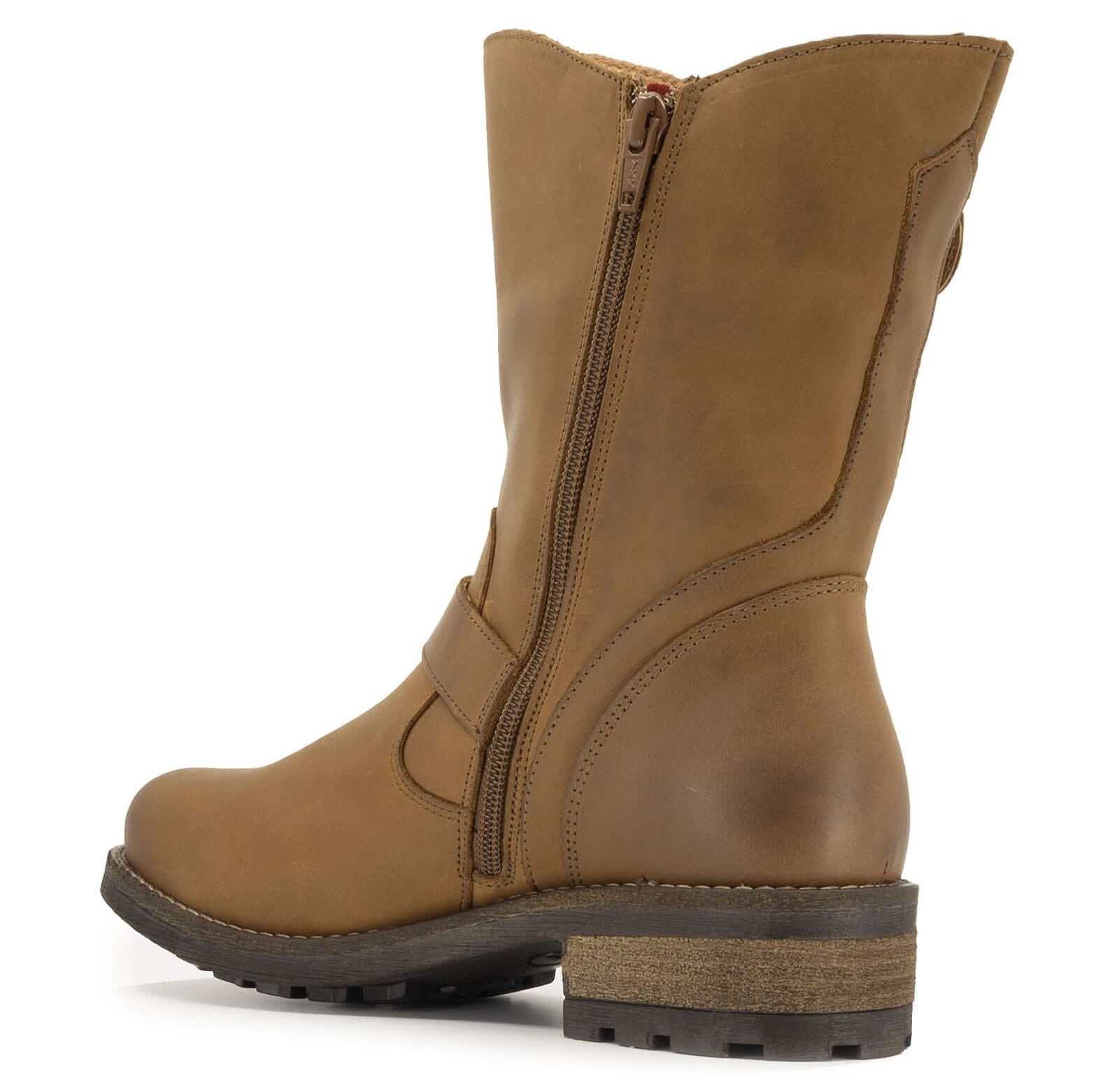 Side view of cognac Crest Demi 2 ankle boots showing zip fastening