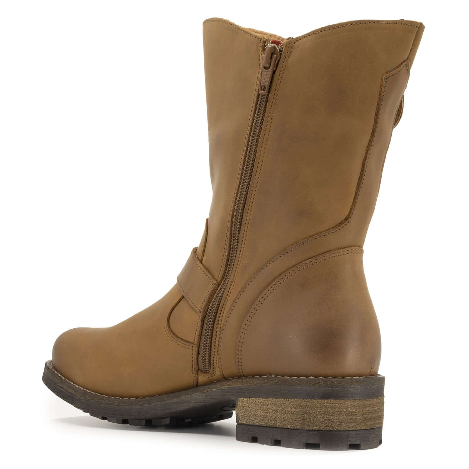 Side view of cognac Crest Demi 2 ankle boots showing zip fastening