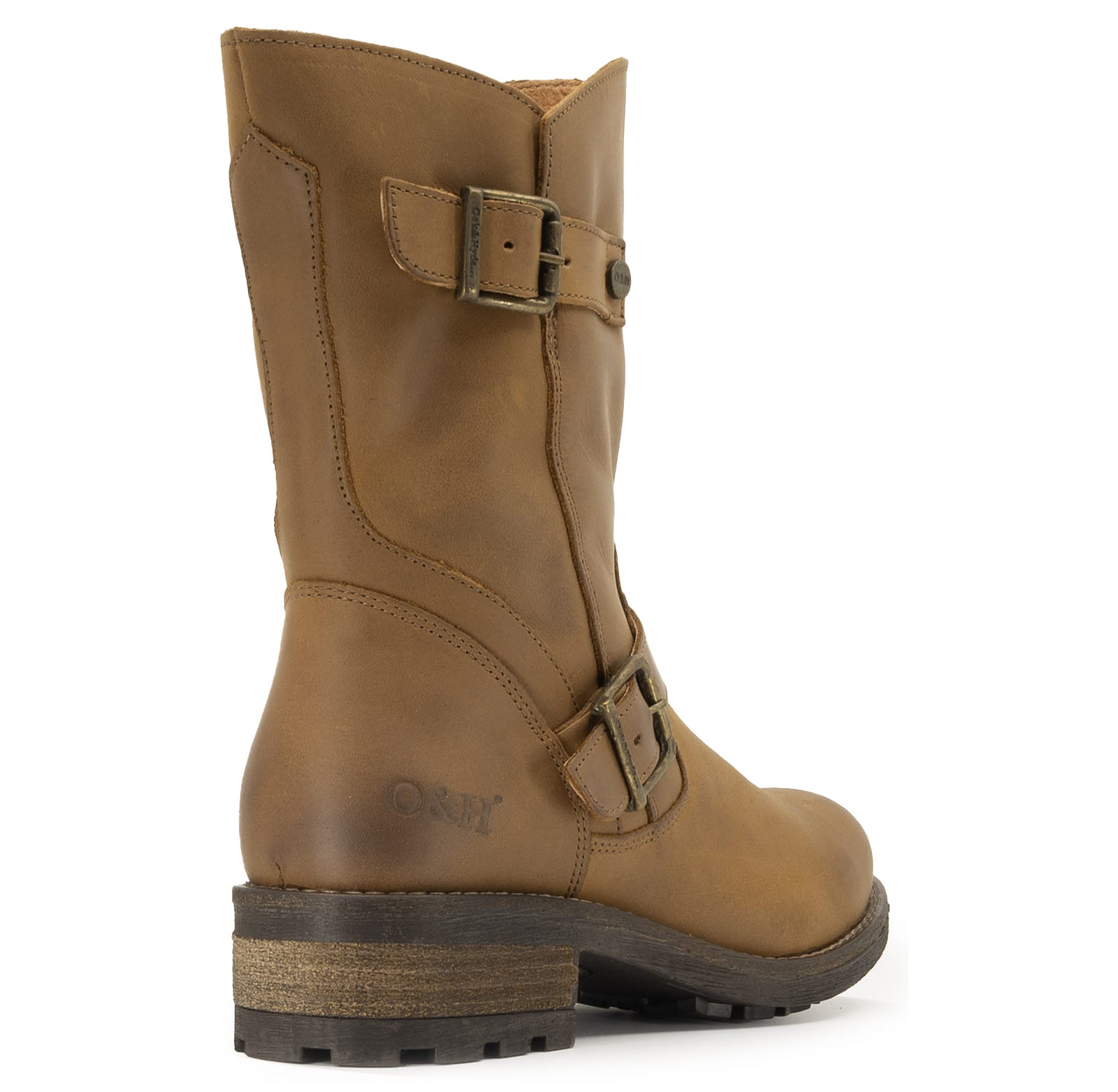 Rear angled view of cognac Crest Demi 2 ankle boots showing heels and back seam