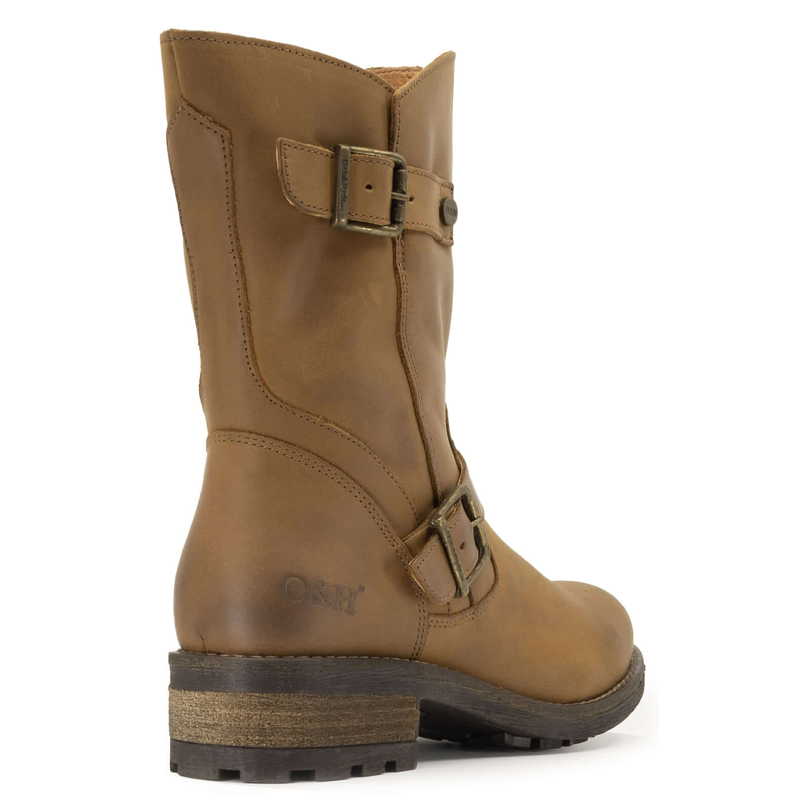 Rear angled view of cognac Crest Demi 2 ankle boots showing heels and back seam