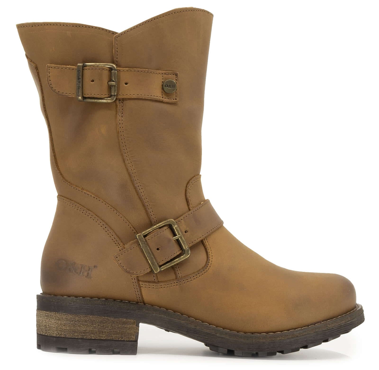 Side profile of cognac Crest Demi 2 ankle boots showing buckle straps and sole