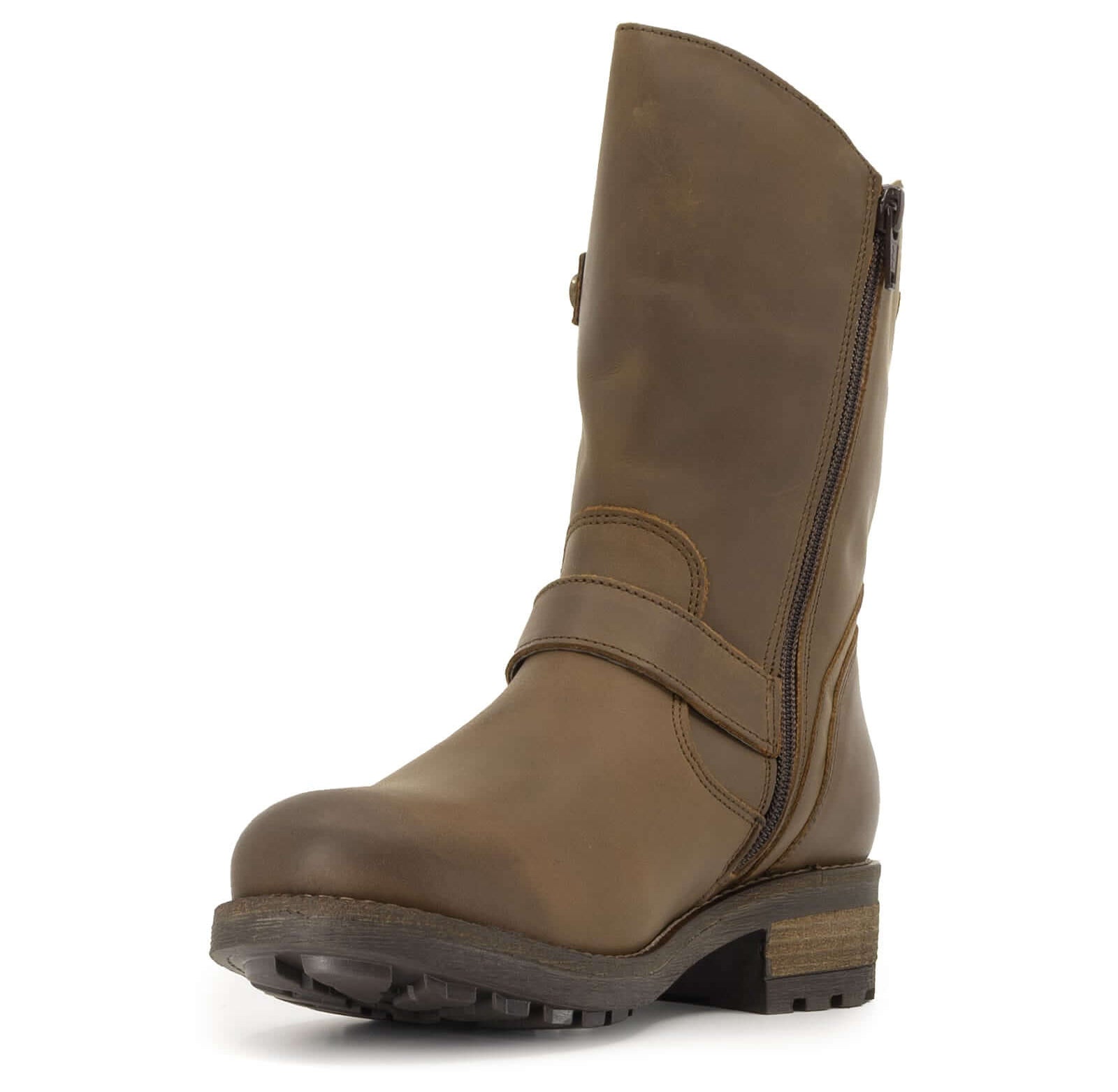 Angled inner side view of dark brown Crest Demi 2 ankle boots with zip detail