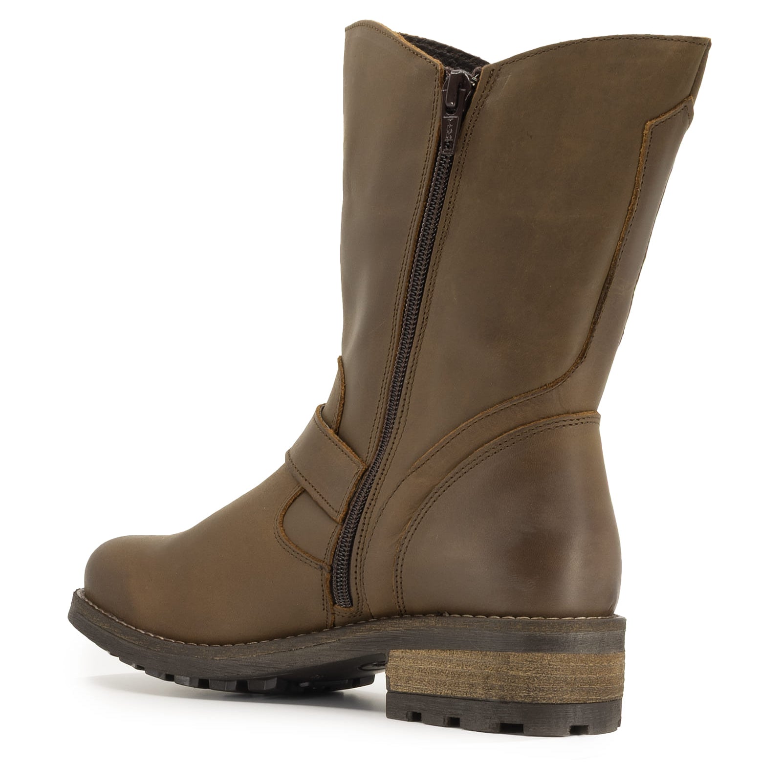 Inner side view of dark brown Crest Demi 2 ankle boots showing zip fastening