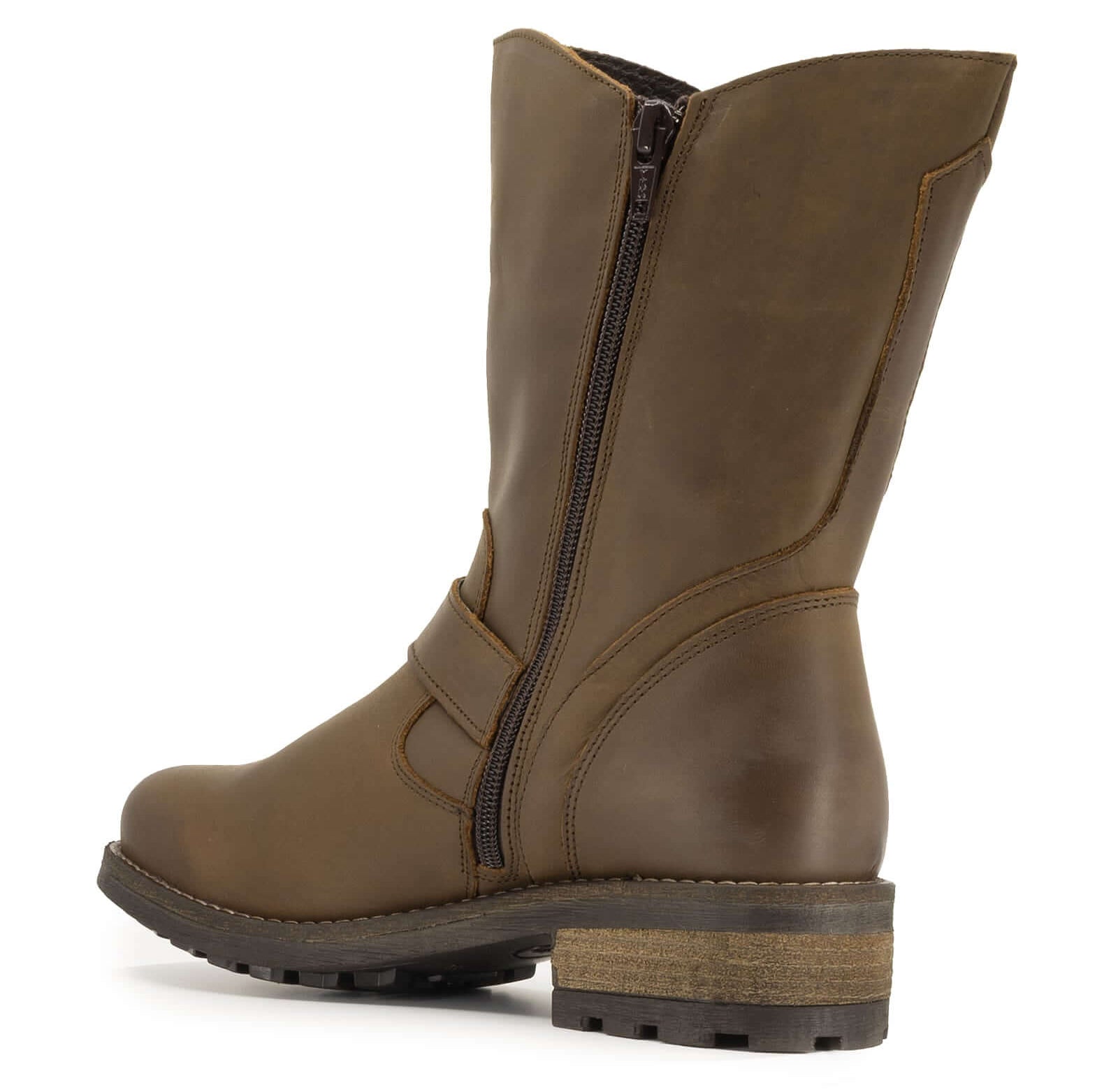 Inner side view of dark brown Crest Demi 2 ankle boots showing zip fastening