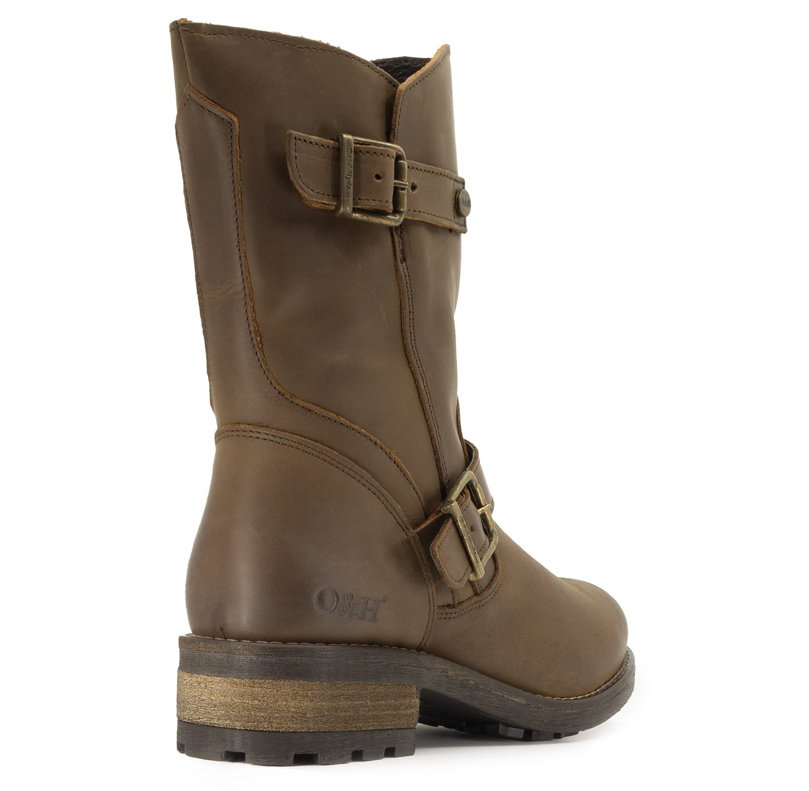 heel view of crest demi 2 brown boots showing block heel and branding details