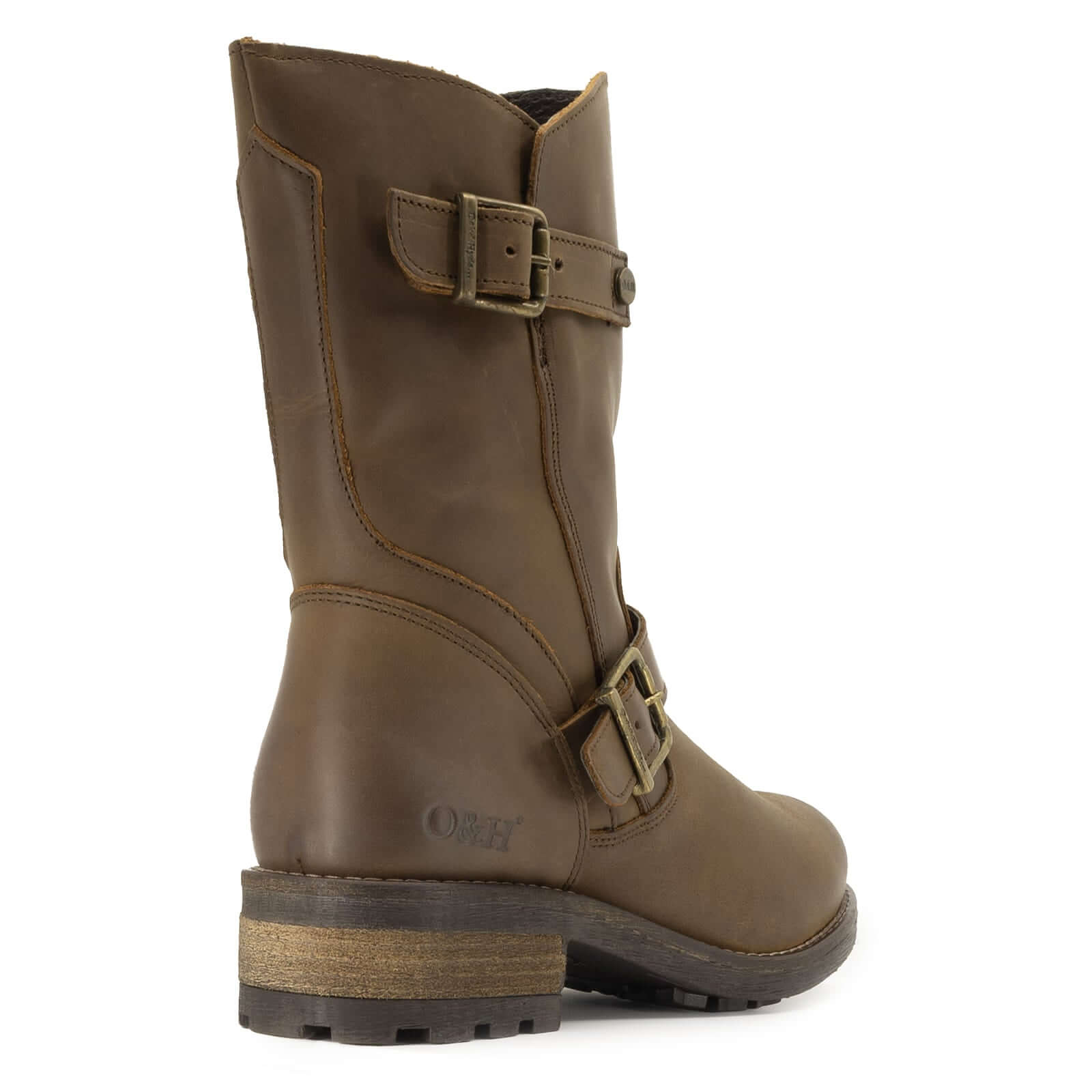 heel view of crest demi 2 brown boots showing block heel and branding details