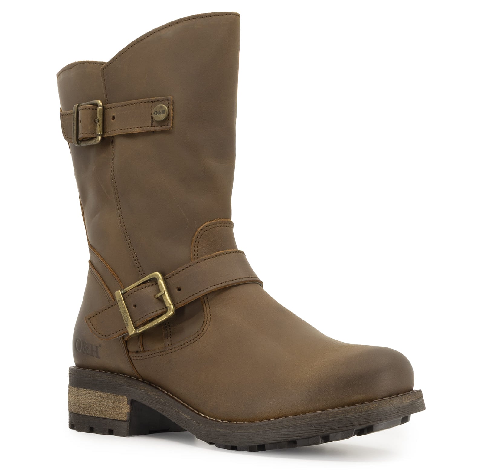 Angled side view of dark brown Crest Demi 2 ankle boots highlighting buckle detail