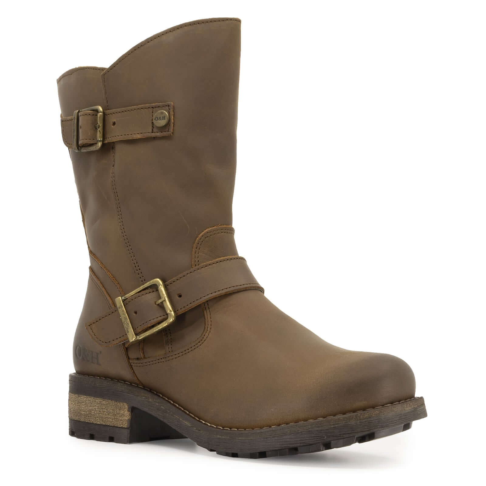 Angled side view of dark brown Crest Demi 2 ankle boots highlighting buckle detail