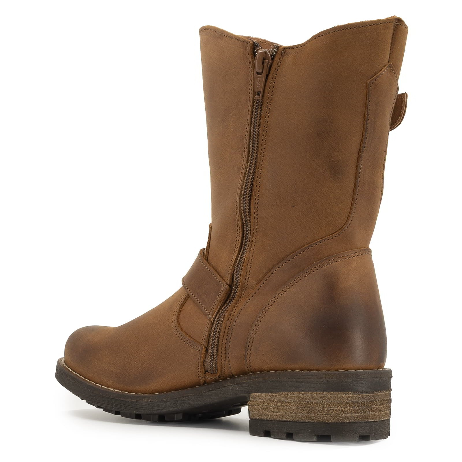 Rear angled view of Crest Demi 2 ankle boots in Frexio cognac showing heel and back seam