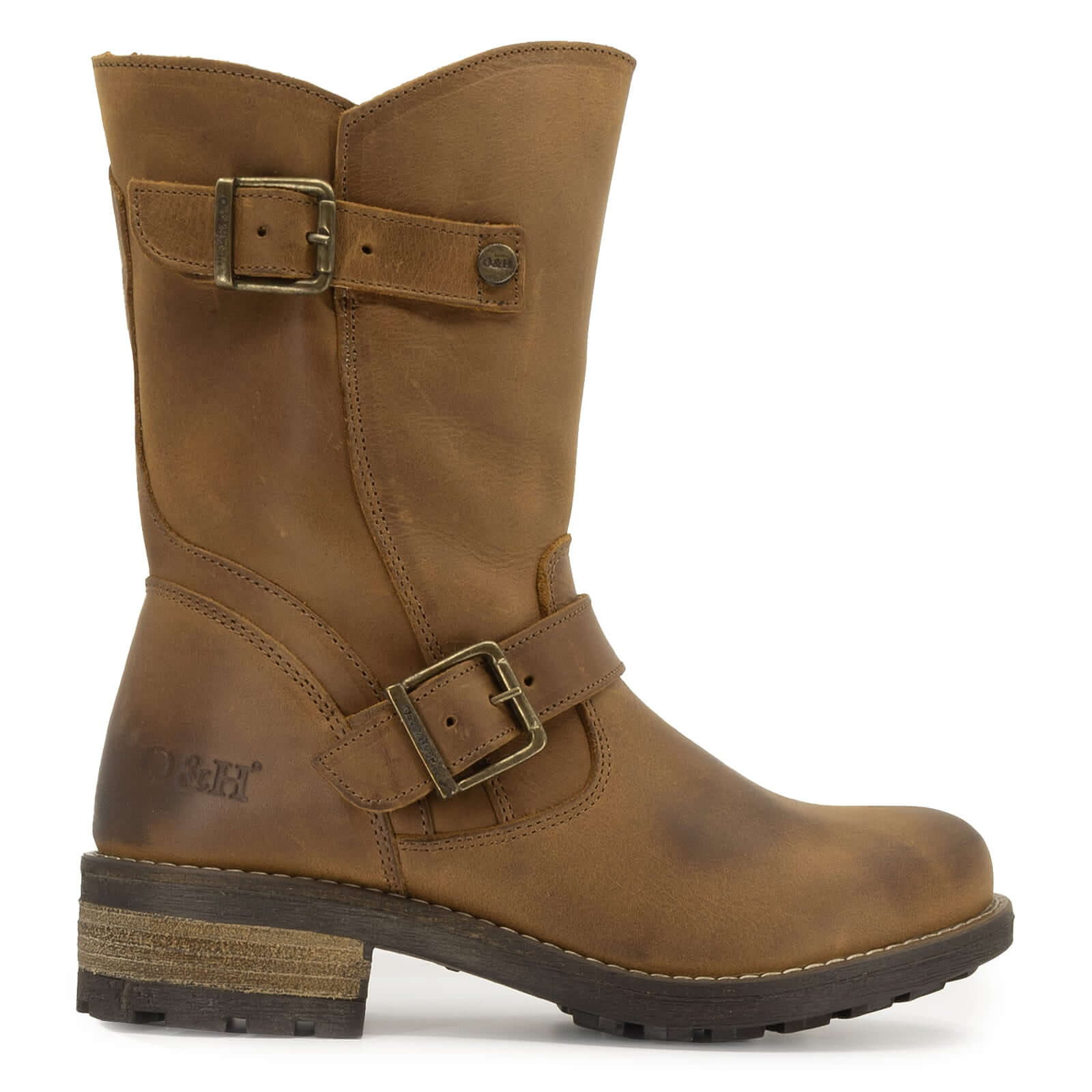 Side profile of Crest Demi 2 ankle boots in Frexio cognac showing buckle straps