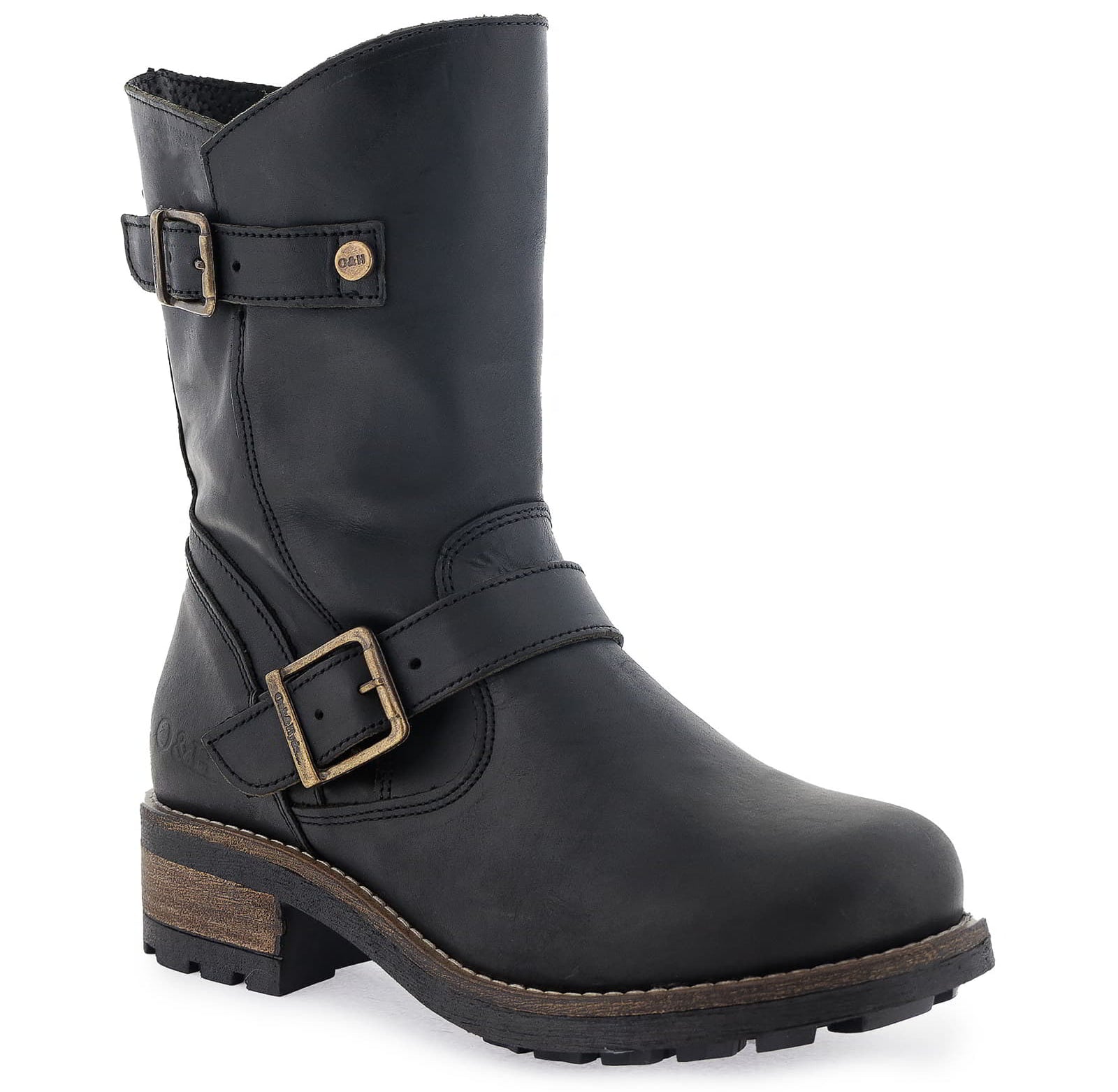 Angled buckle side view of black Crest Demi 2 ankle boots showing strap hardware
