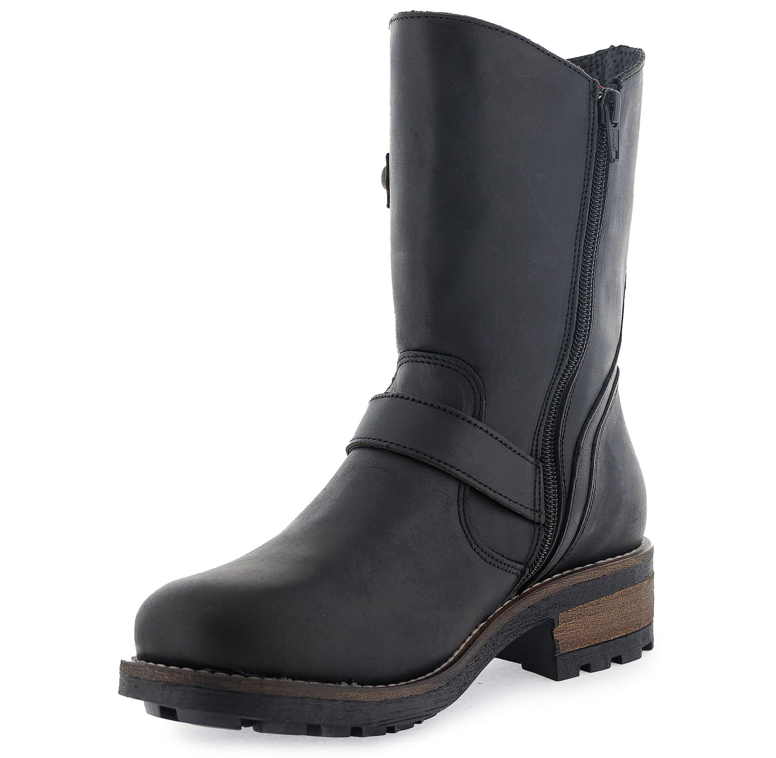 Angled zip side view of black Crest Demi 2 ankle boots showing stitching detail