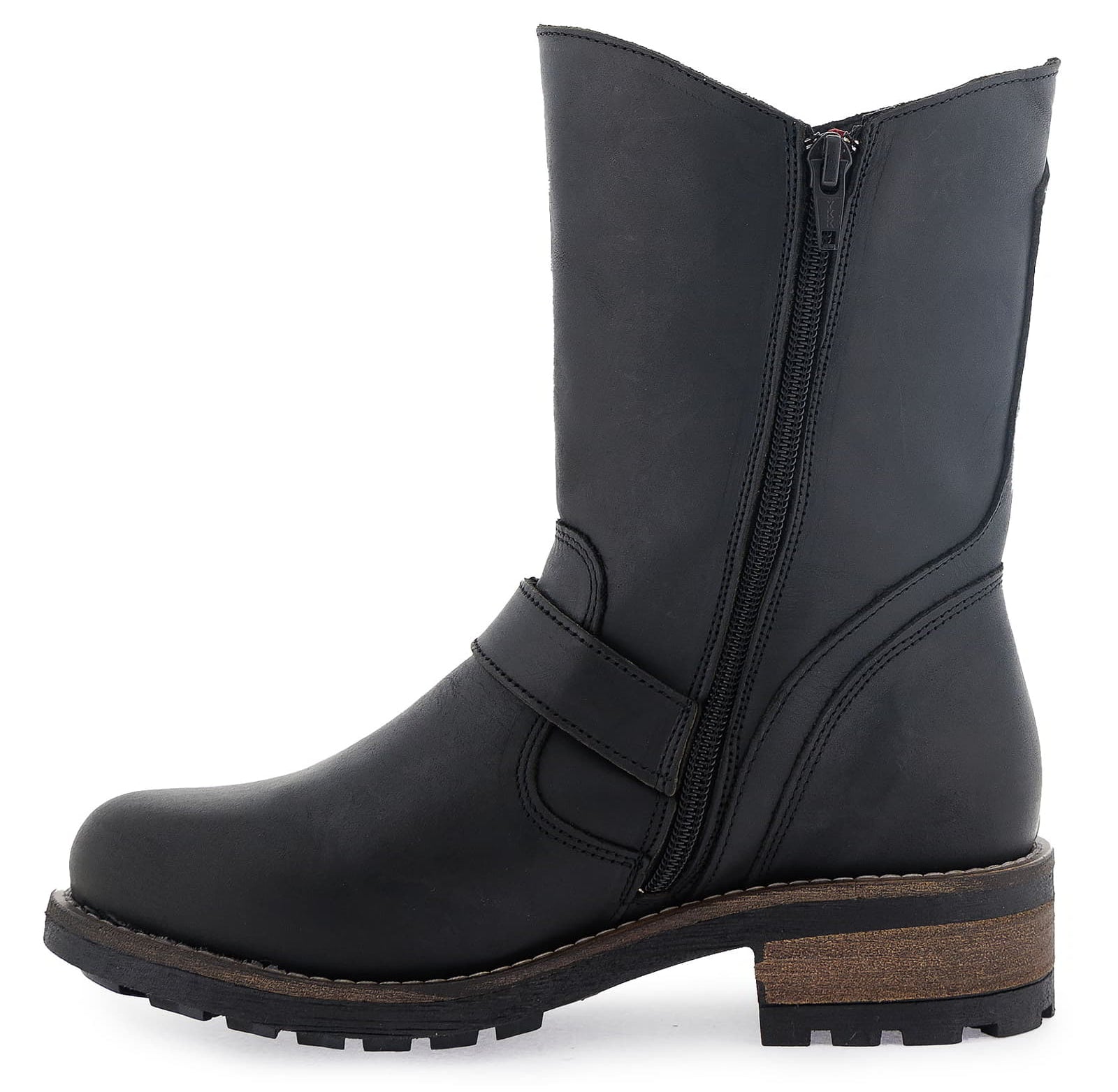 Side profile of black Crest Demi 2 ankle boots showing zip fastening