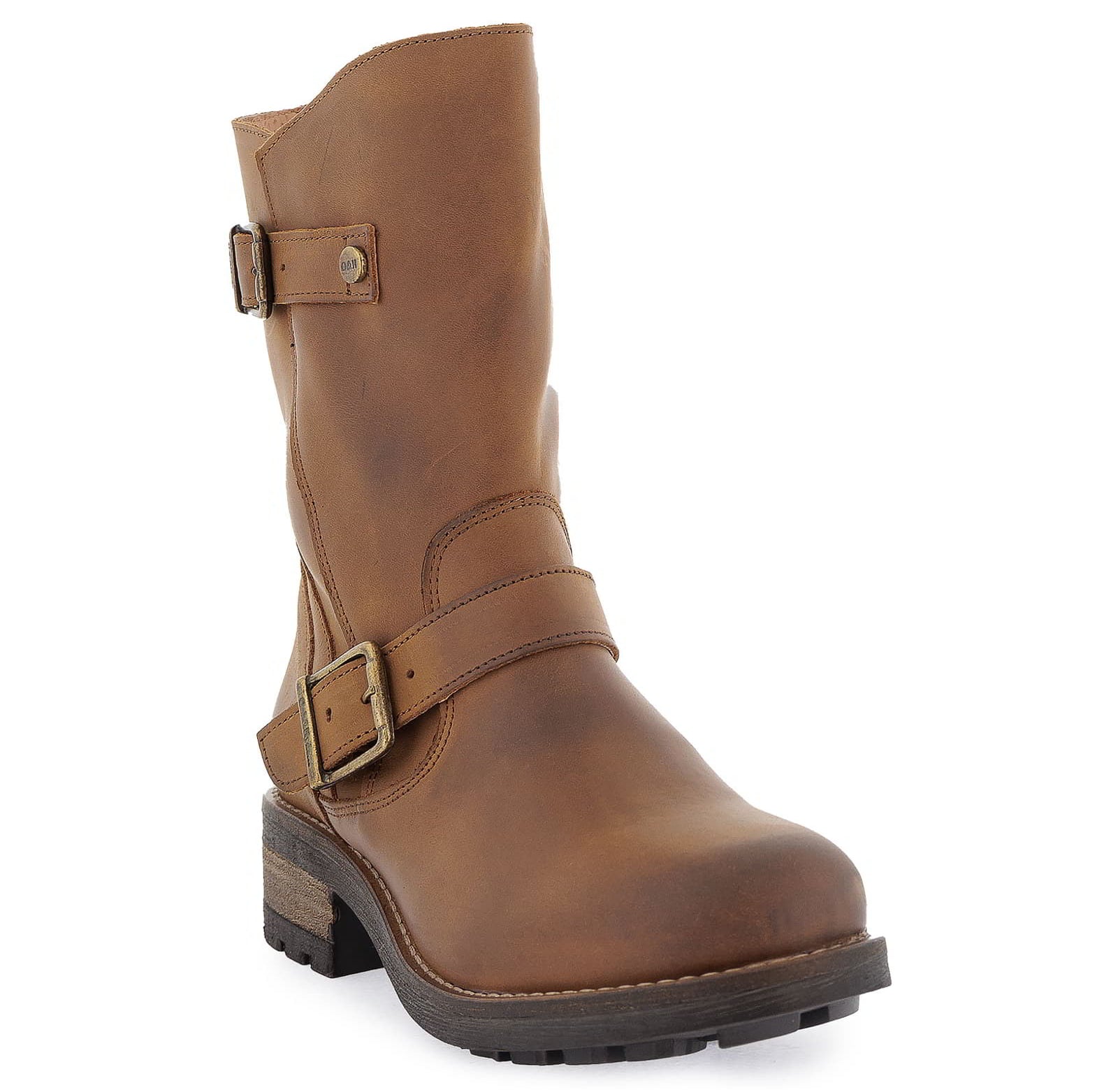 Angled side view of cognac Crest Demi 2 ankle boots highlighting buckle detail