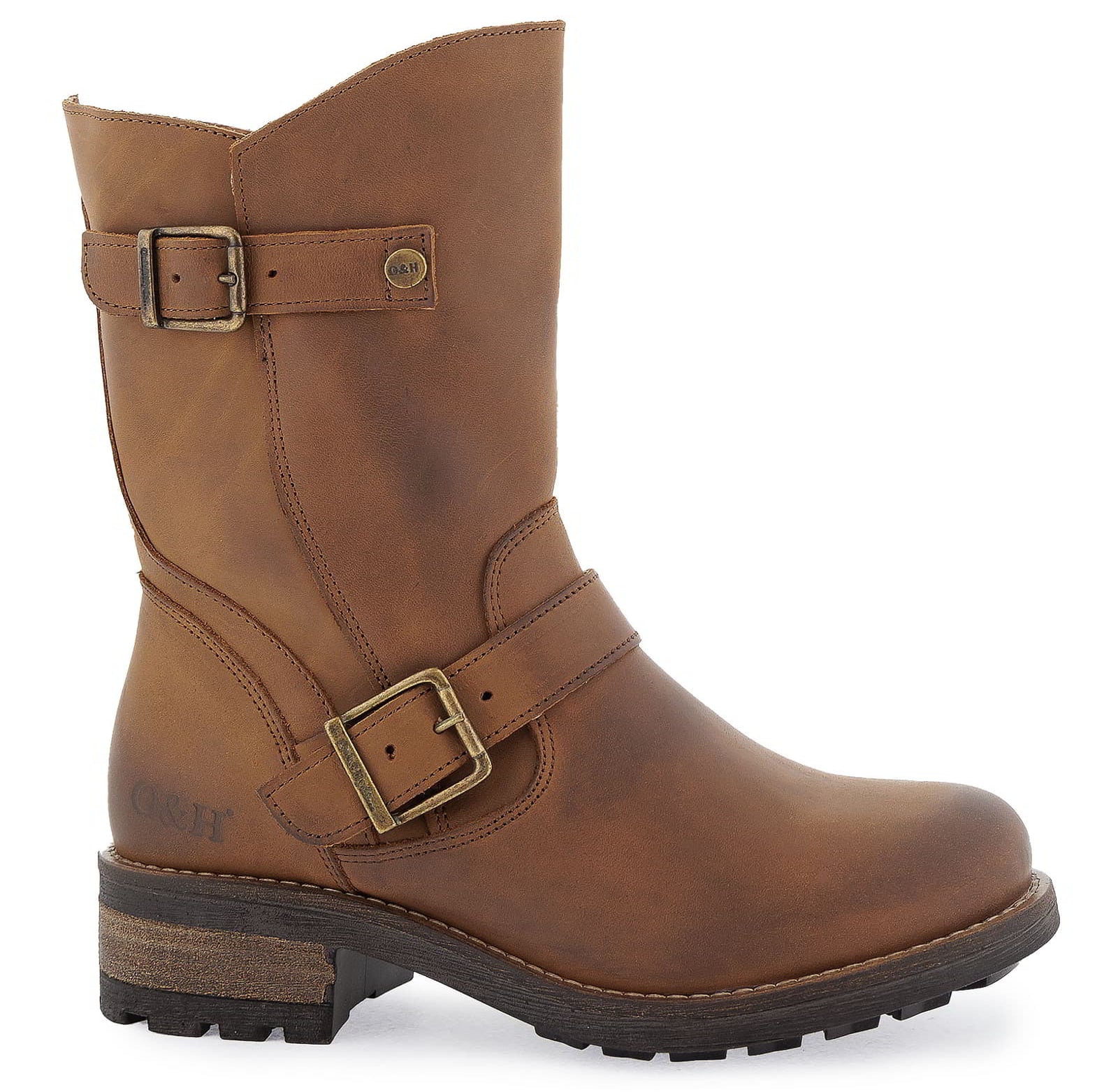 Side profile of cognac Crest Demi 2 ankle boots showing buckle straps and sole