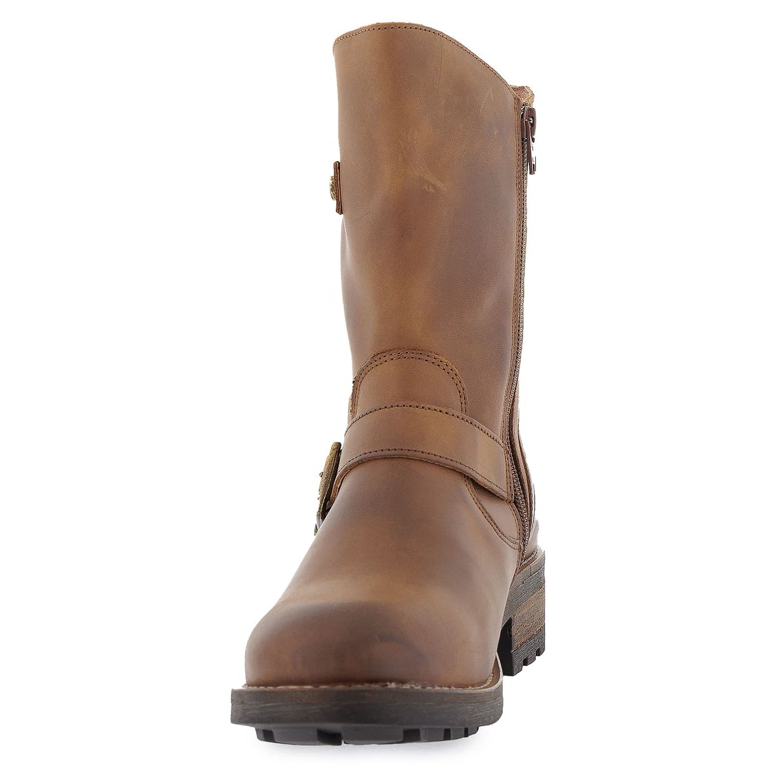 Front view of cognac Crest Demi 2 ankle boots showing rounded toe shape