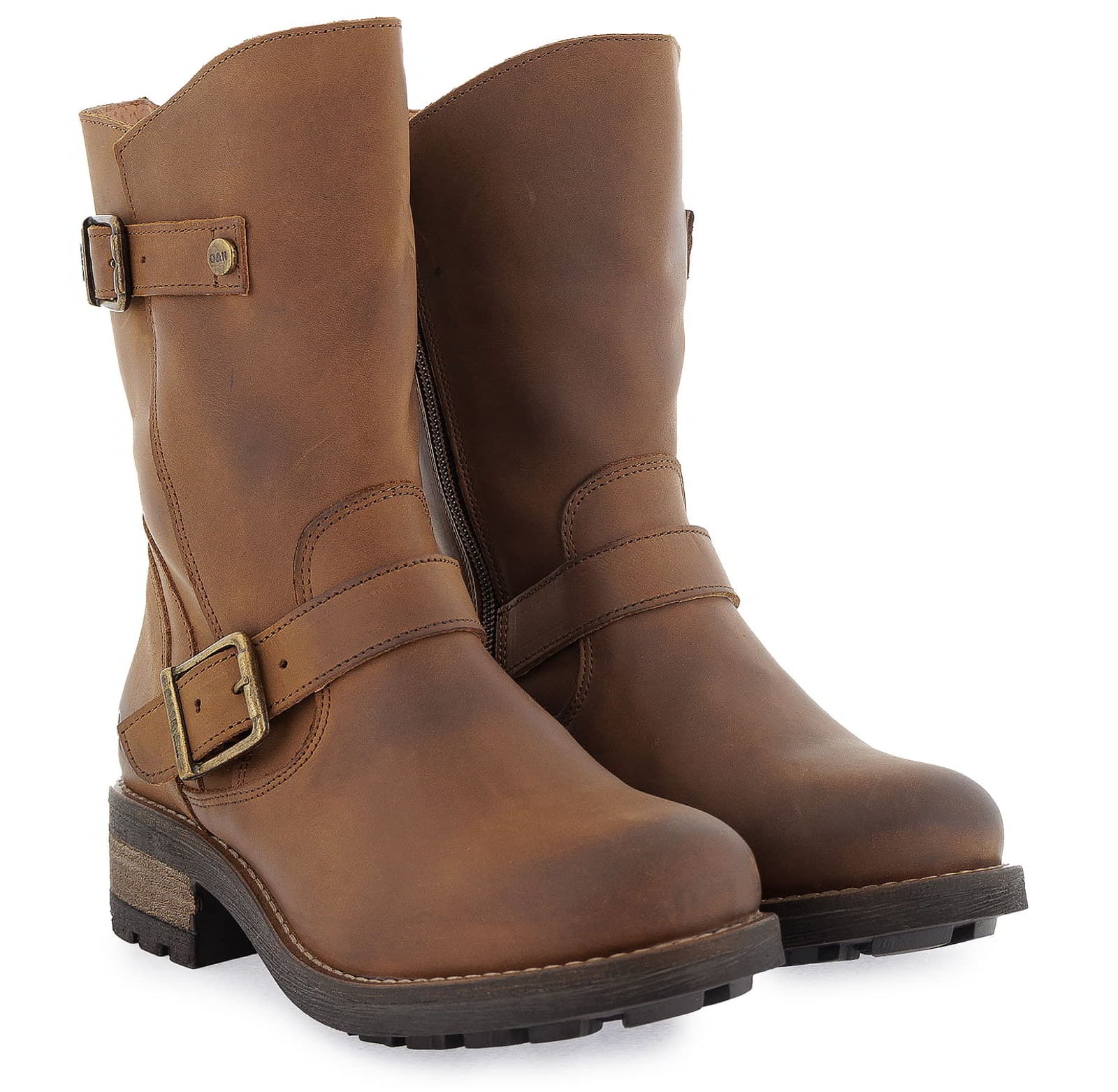 Pair of cognac Crest Demi 2 ankle boots shown from a front angled perspective
