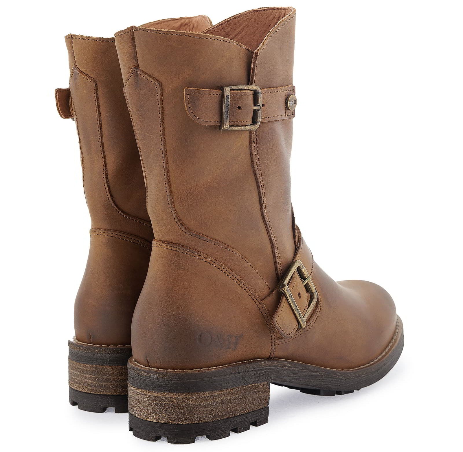 Rear angled view of cognac Crest Demi 2 ankle boots showing heels and back seam