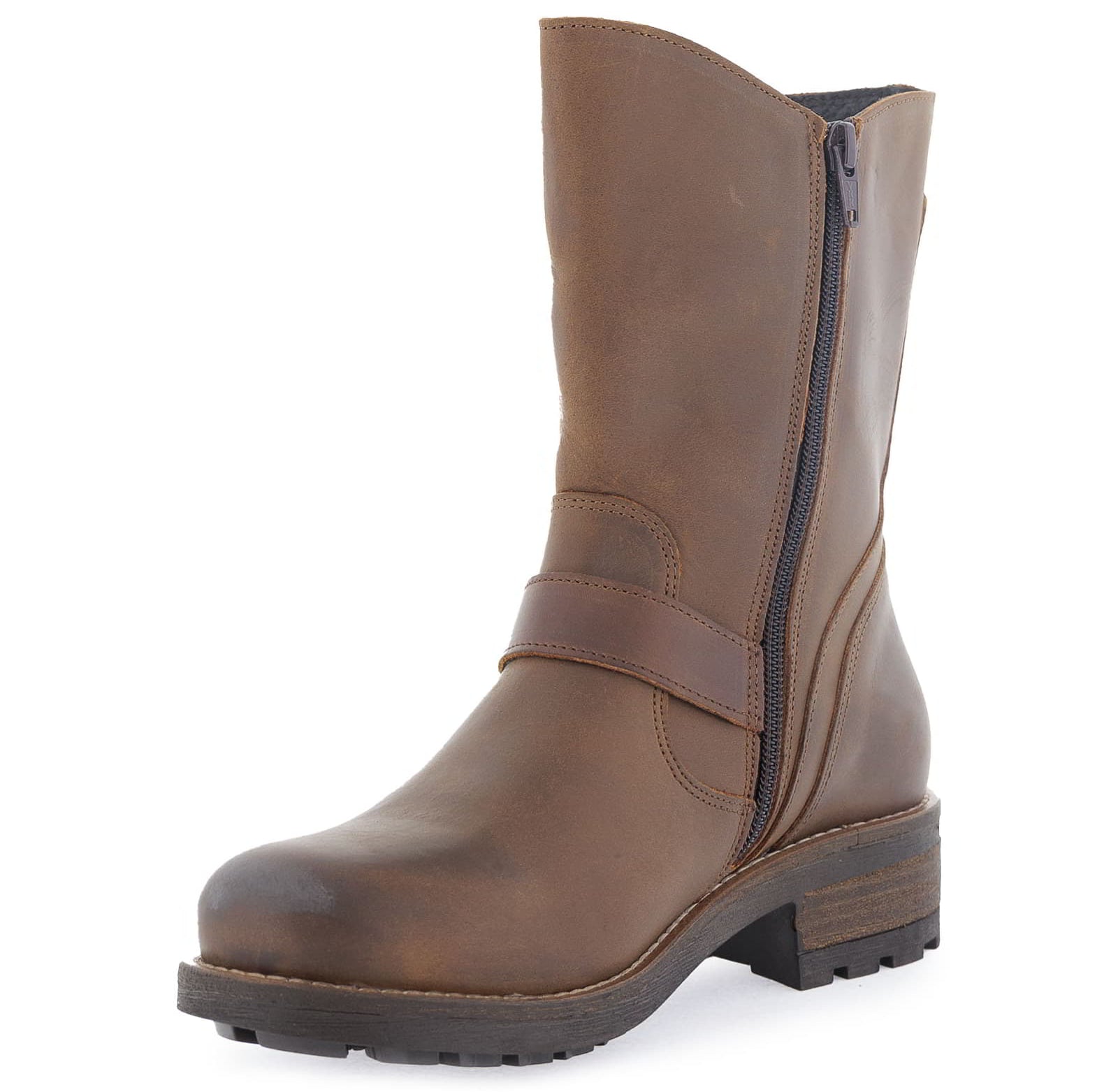 Angled inner side view of dark brown Crest Demi 2 ankle boots with zip detail
