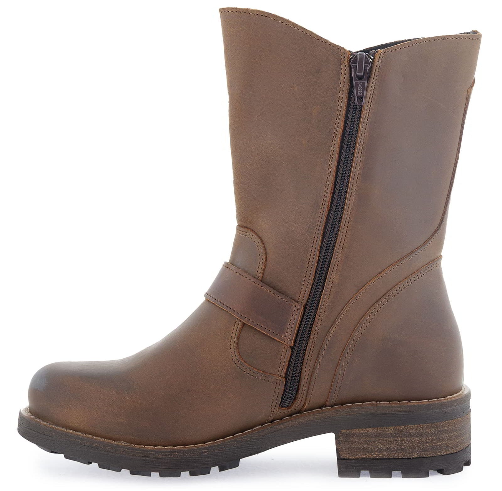 Inner side view of dark brown Crest Demi 2 ankle boots showing zip fastening