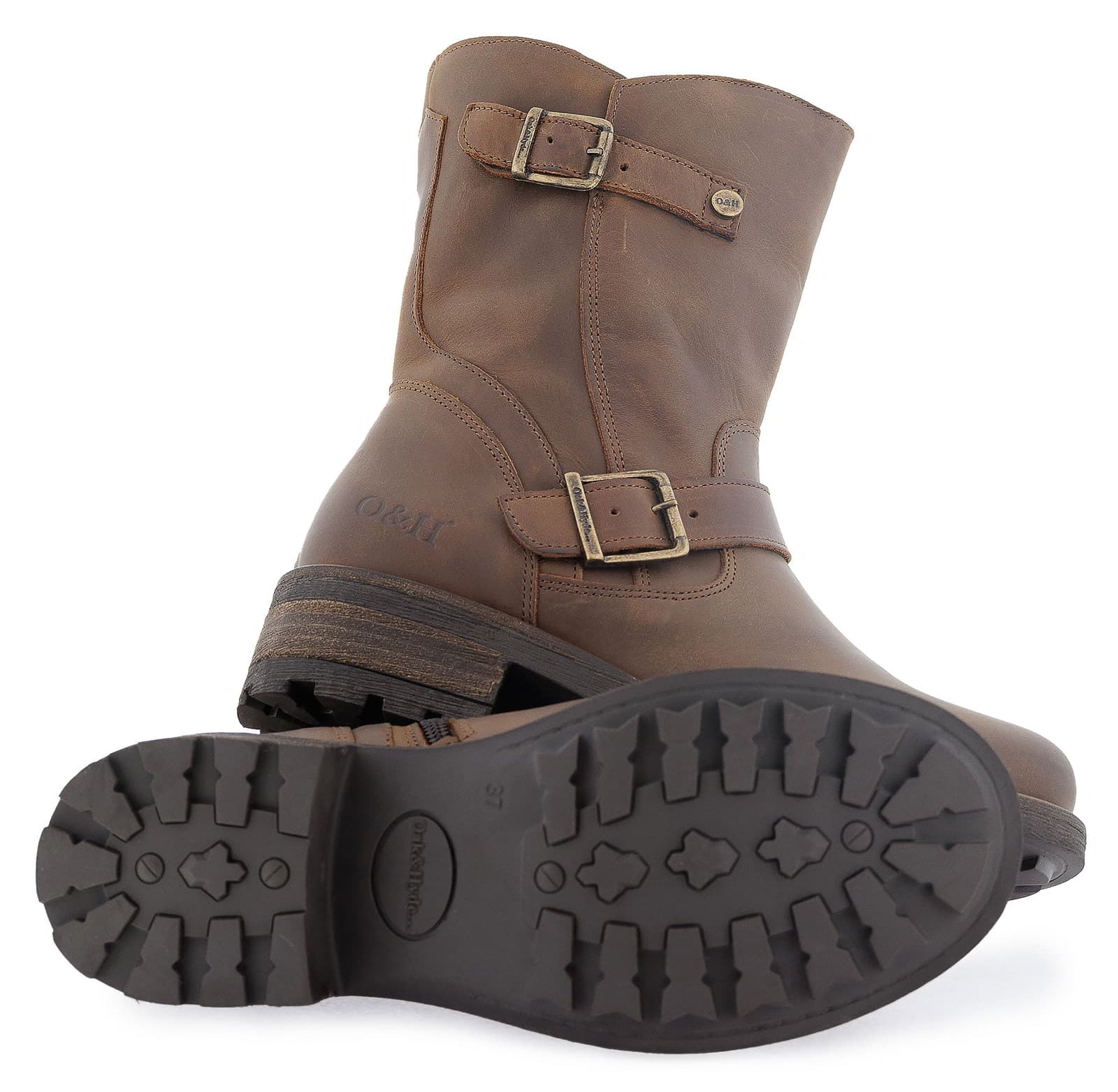 Outsole of dark brown Crest Demi 2 ankle boots showing tread pattern