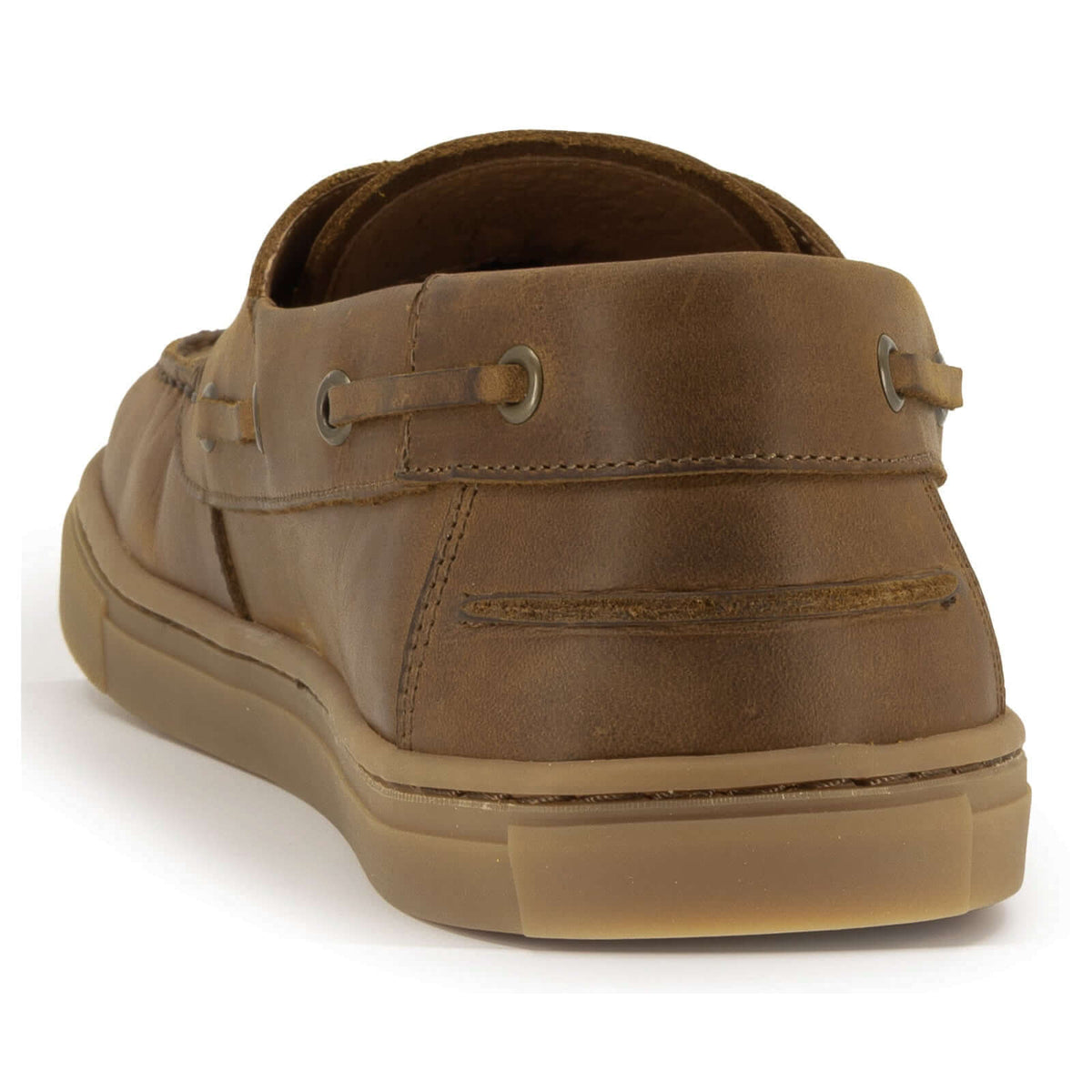 heel view of tan barefoot shoes with stitch detailing on white background