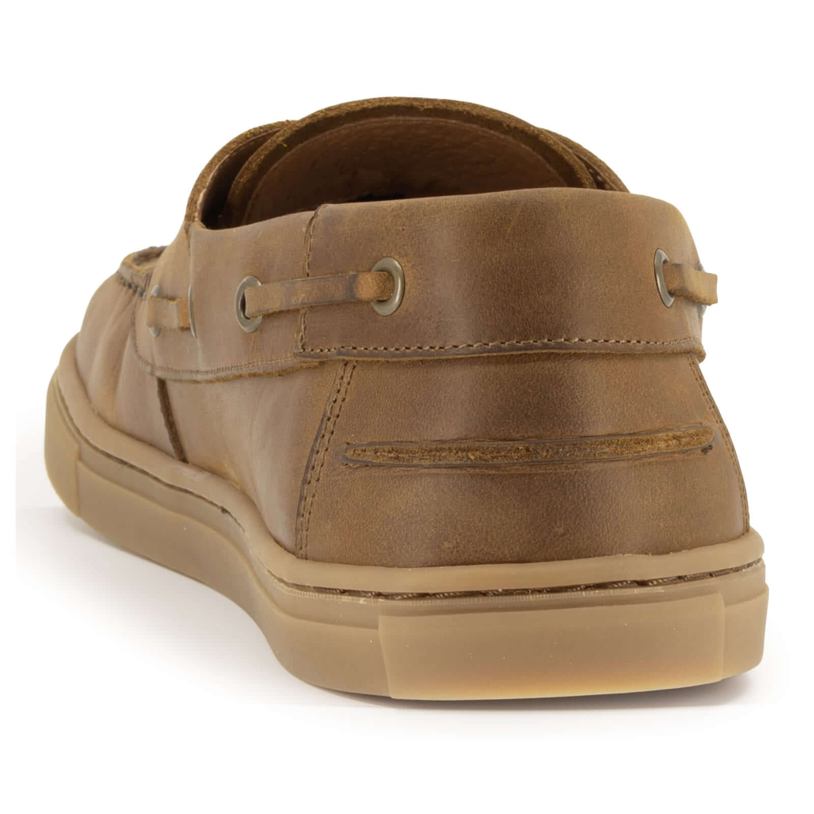 heel view of tan barefoot shoes with stitch detailing on white background