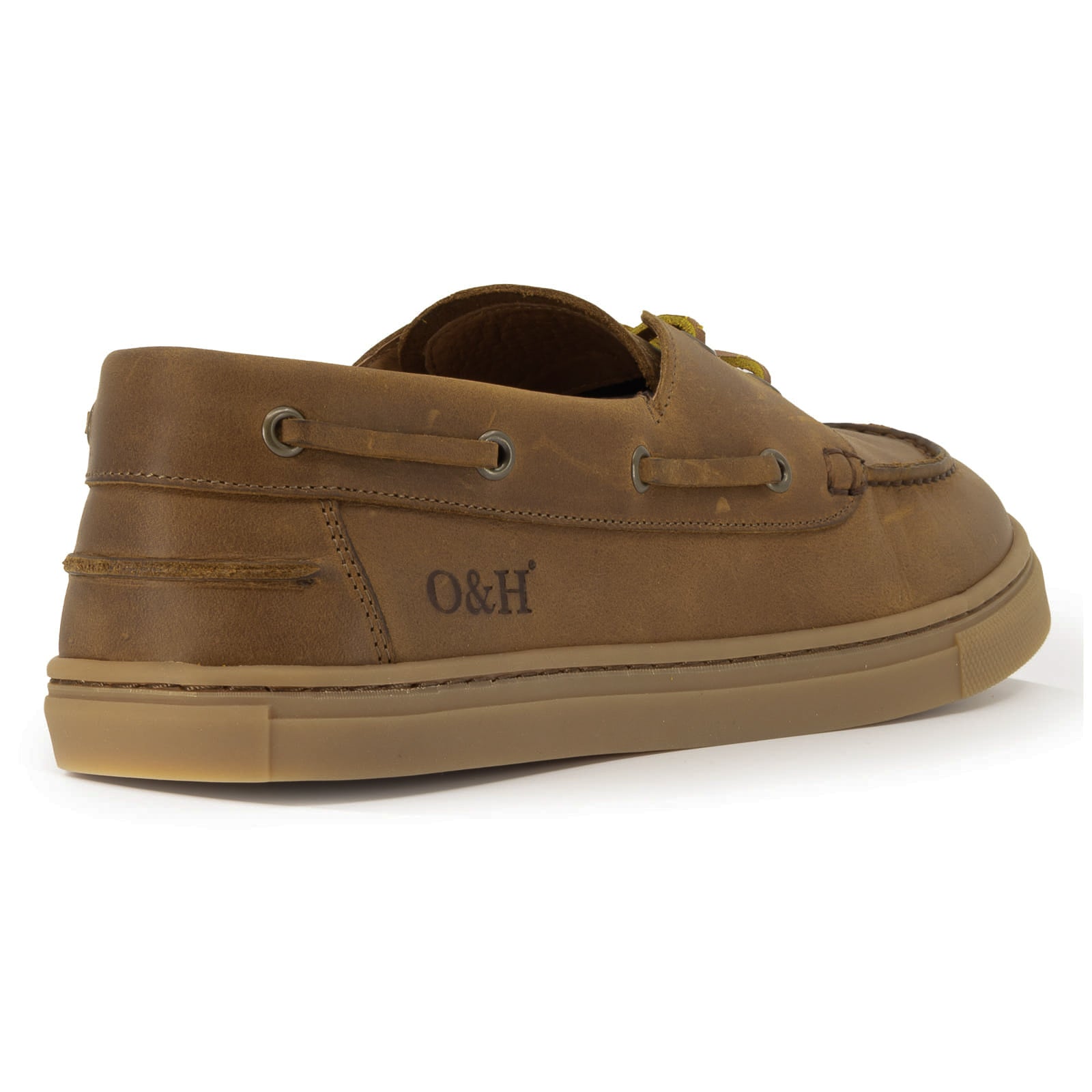 view of O&H logo on heel of tan barefoot shoes on white background