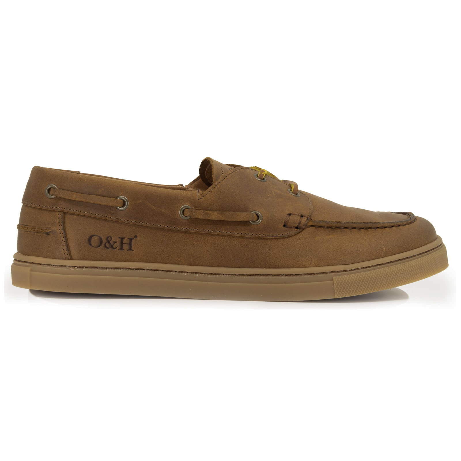Brown barefoot boat shoe with 'O&H' branding on a white background