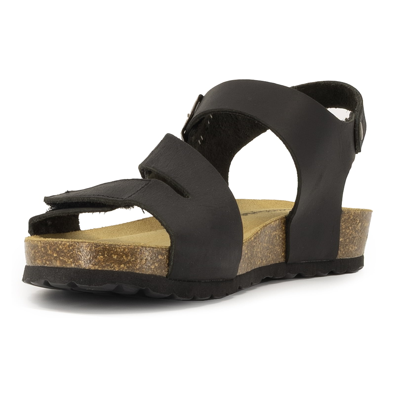 angled view of black oak & hyde daisy sandals with adjustable buckle and open sandal profile