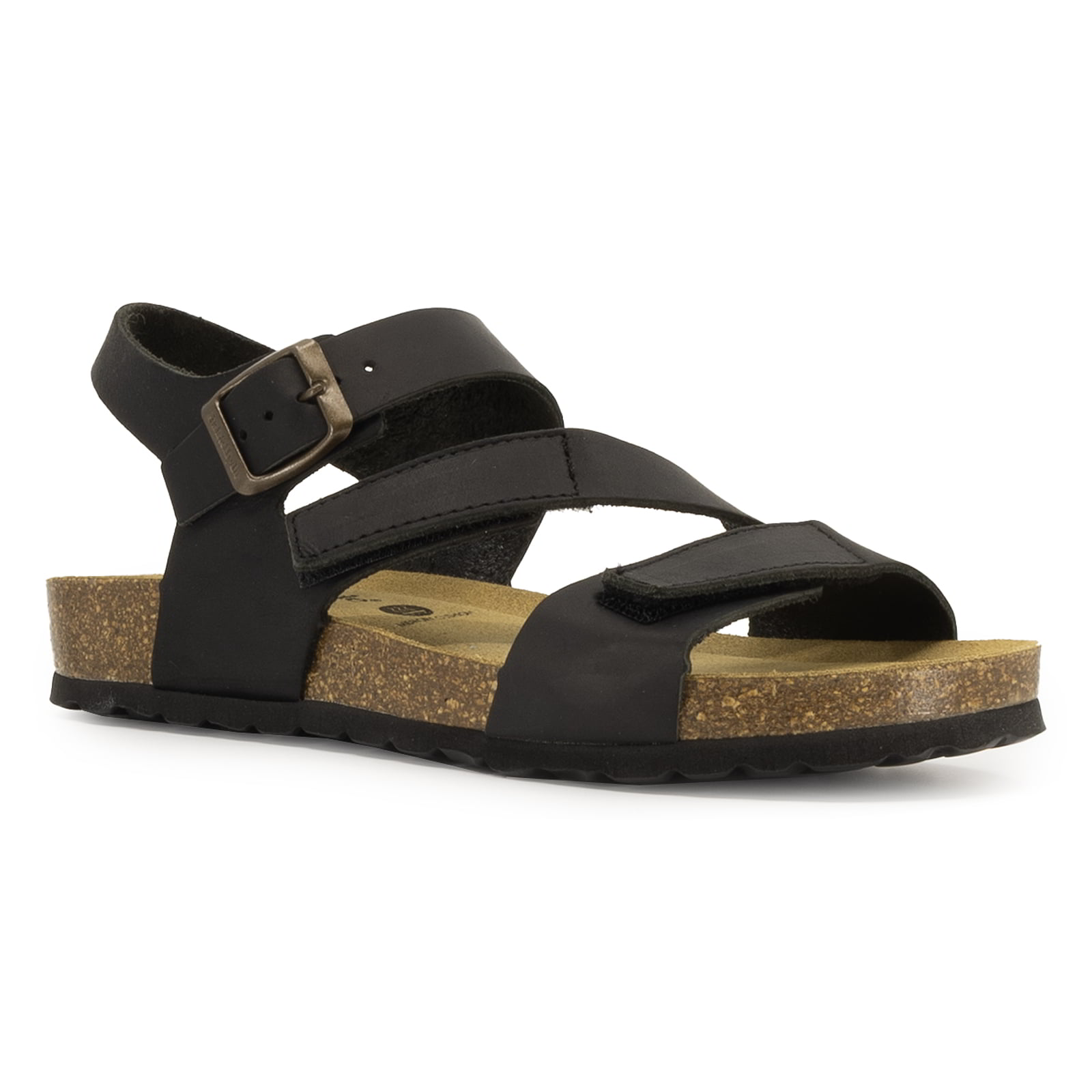 angled front view of black oak & hyde daisy sandals showing buckle fastening and open toe design
