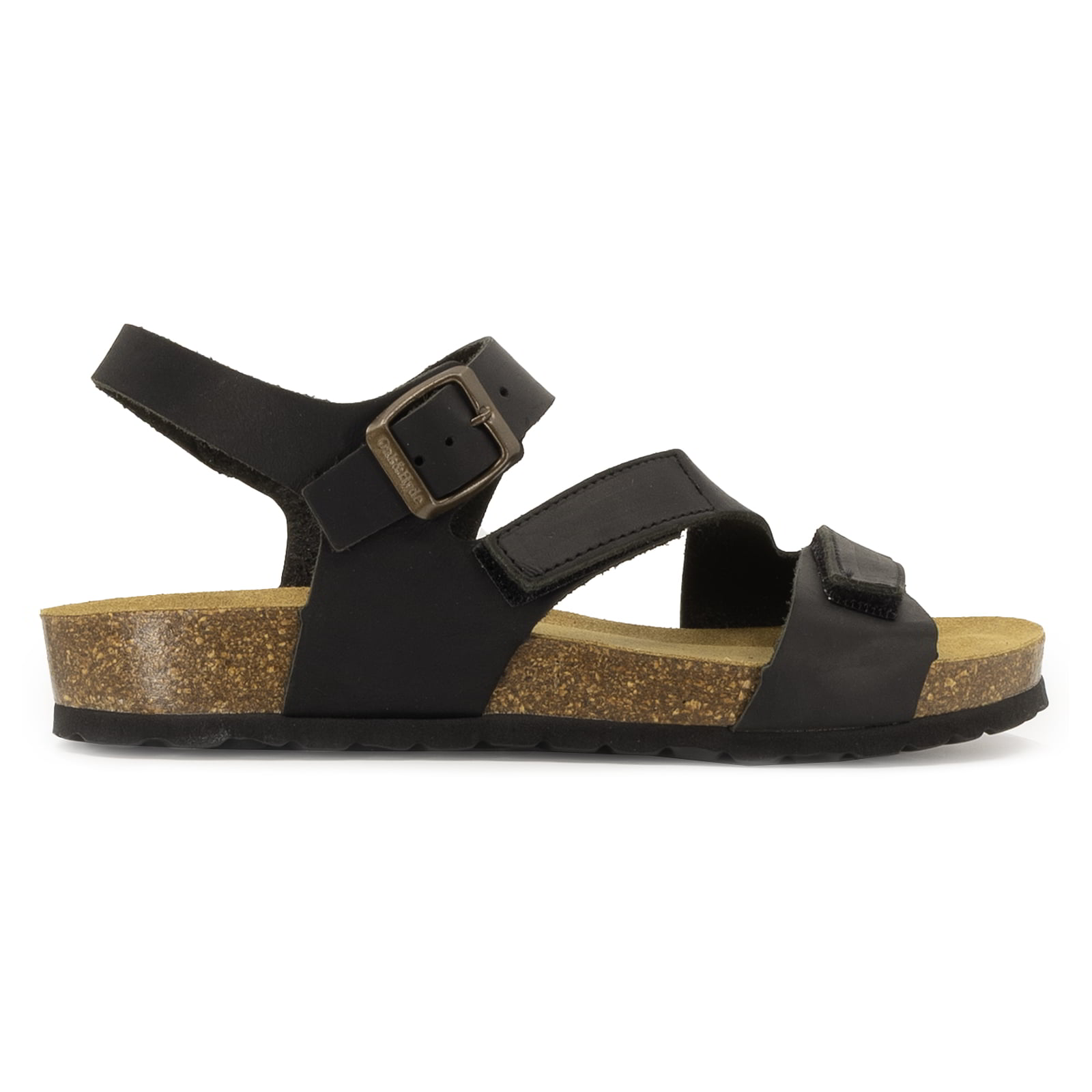 side profile of black oak & hyde daisy sandals with adjustable ankle strap and cork footbed