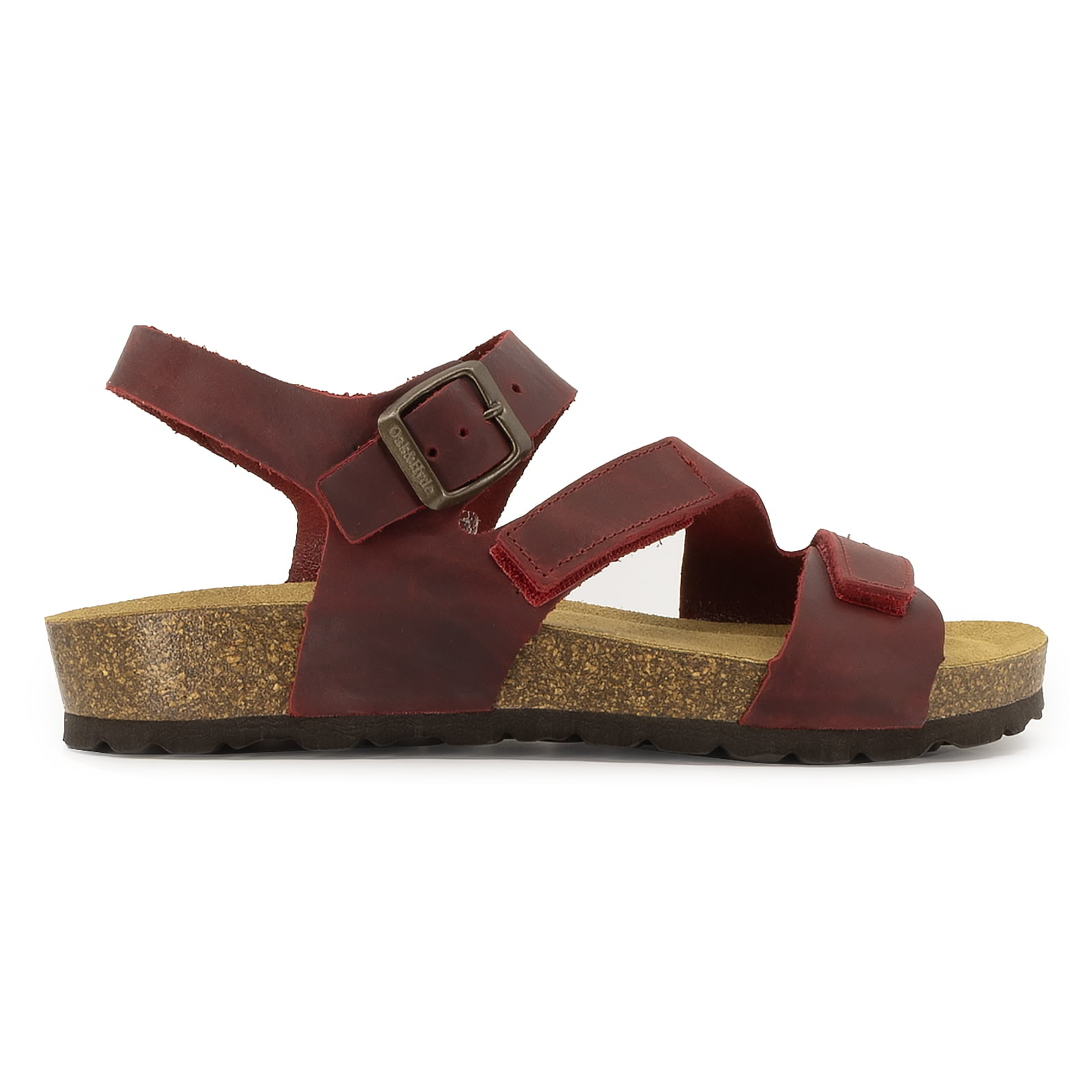 side profile of red oak & hyde daisy sandals with adjustable ankle strap and cork footbed