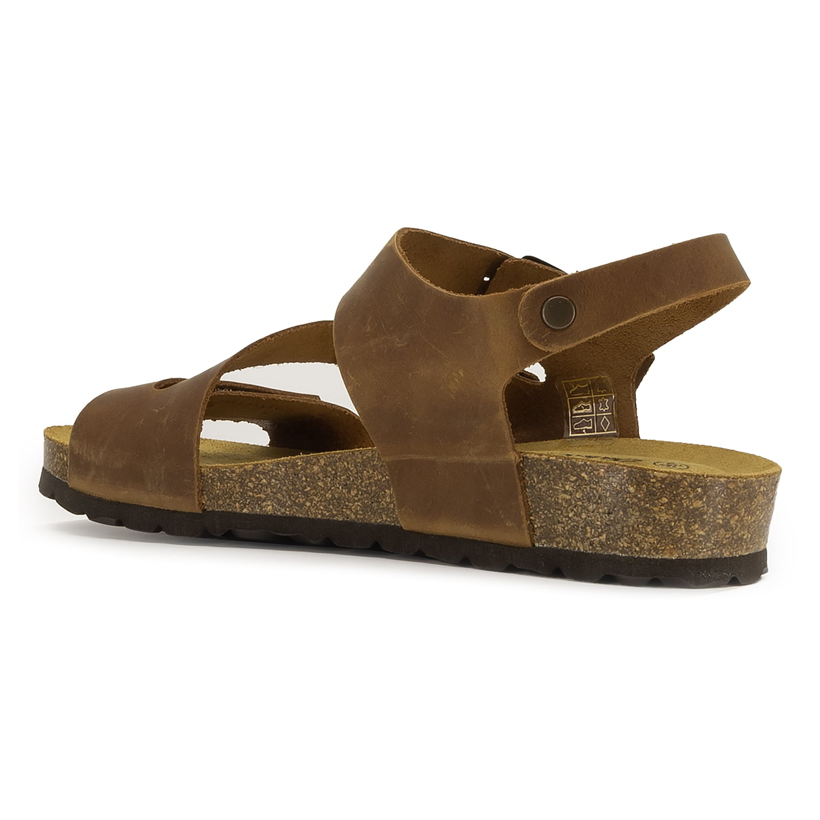 rear angle view of tan oak & hyde daisy sandals showing heel strap and adjustable buckle fastening