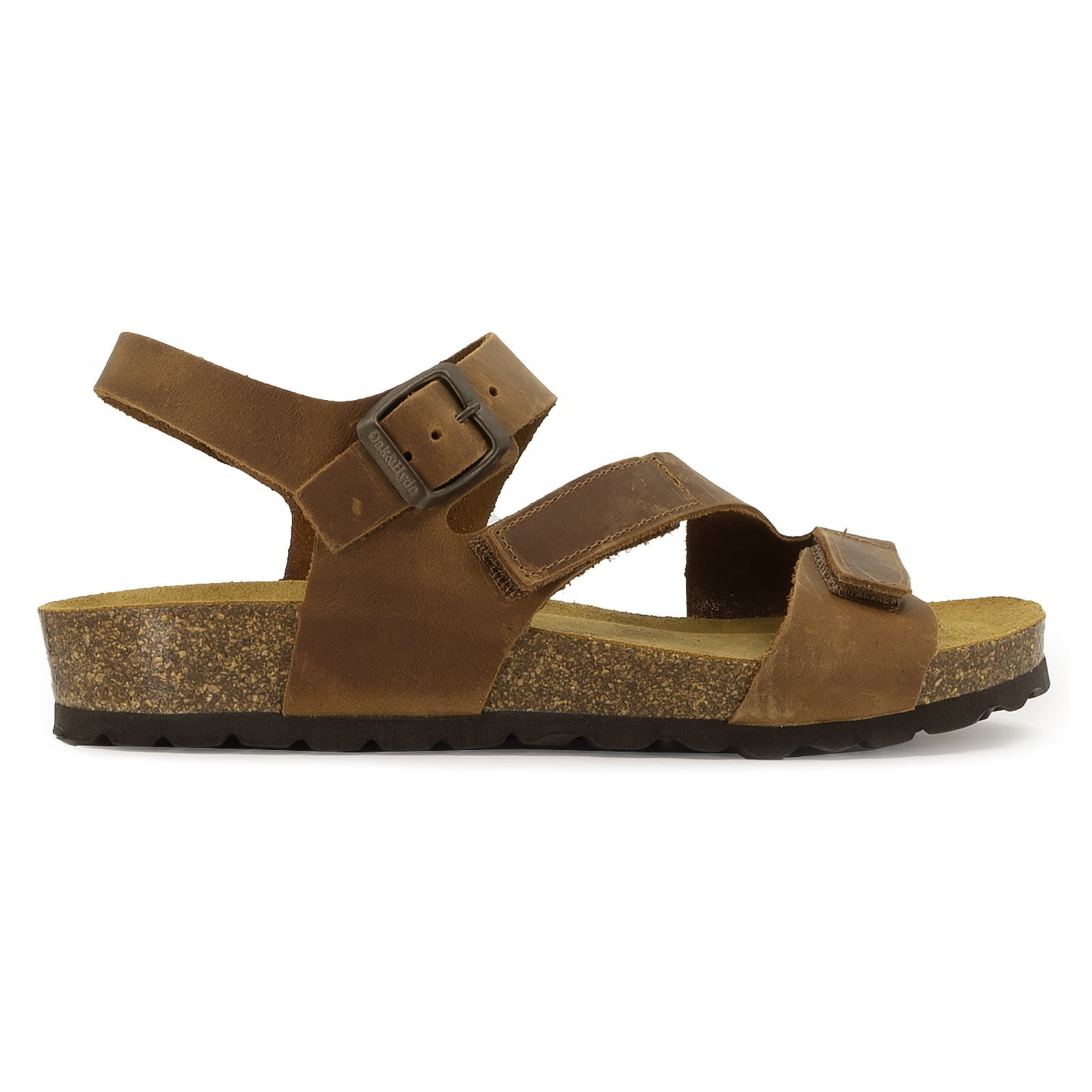 side profile of tan oak & hyde daisy sandals with adjustable buckle straps and cork footbed