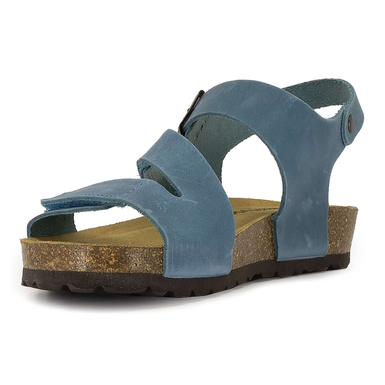 front angle view of turquoise oak & hyde daisy sandals highlighting leather straps and contoured cork footbed