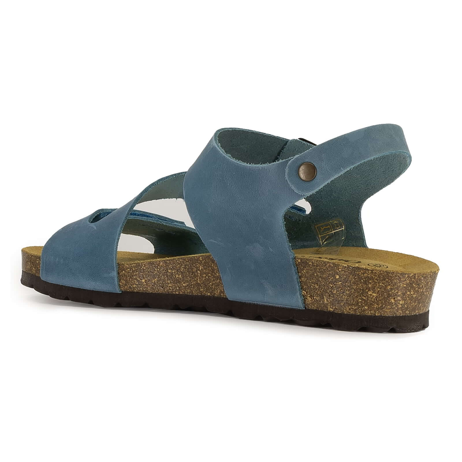 angled view of turquoise oak & hyde daisy sandals highlighting leather upper and cork midsole