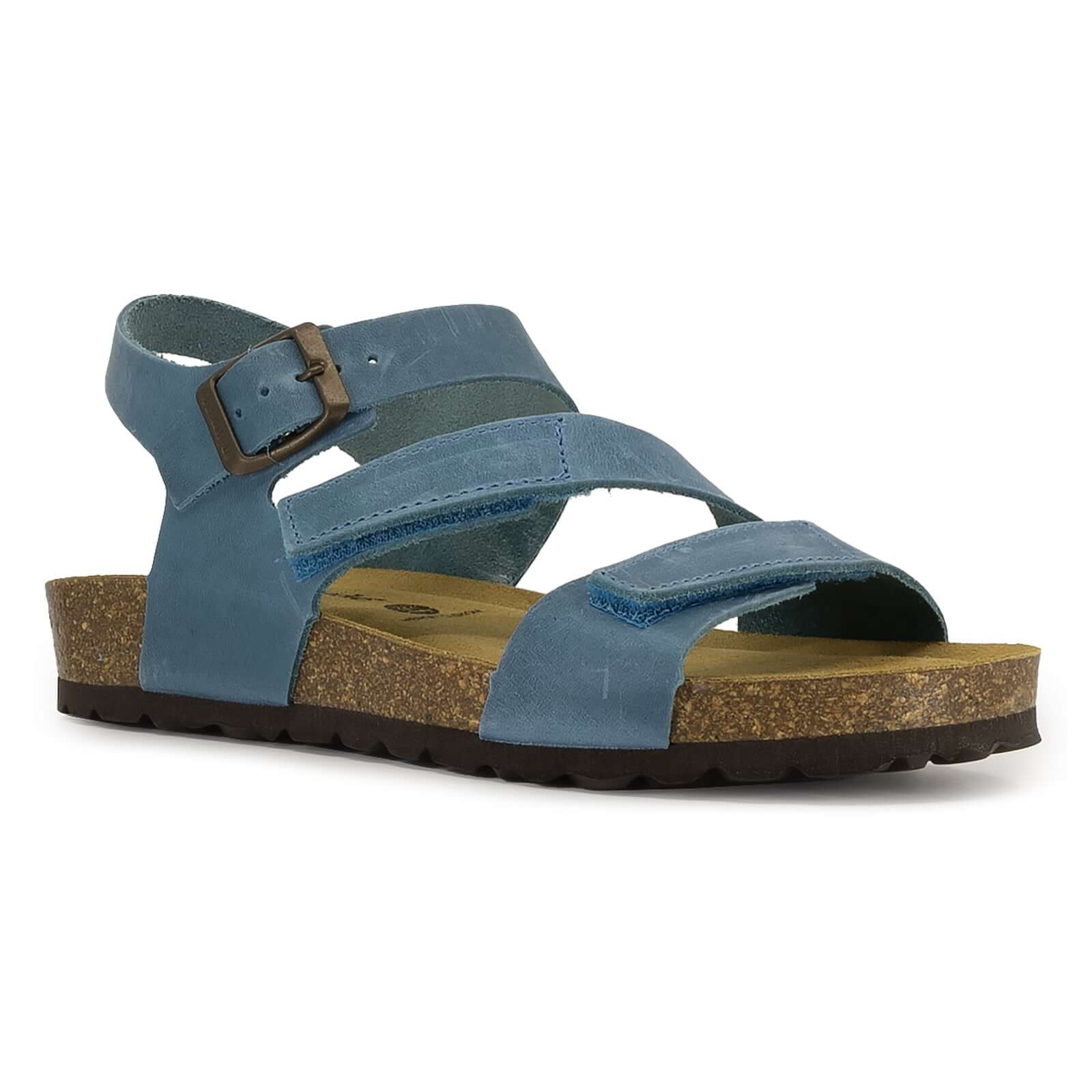 angled front view of turquoise oak & hyde daisy sandals showing open toe straps and ankle buckle fastening