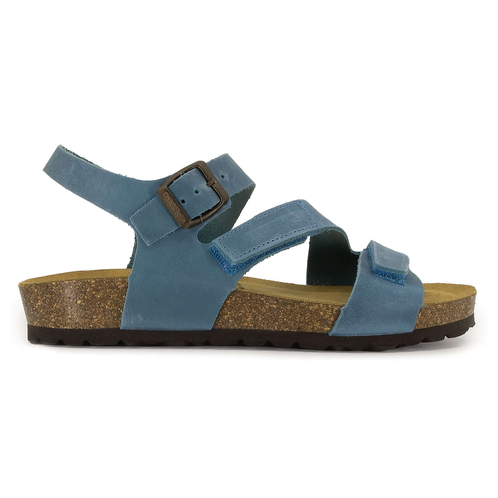 side profile of turquoise oak & hyde daisy sandals with adjustable buckle straps and cork footbed