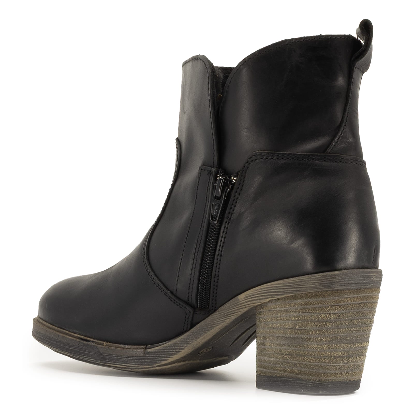 inside angled view of Eastside black ankle boots showing inside zip and leather upper