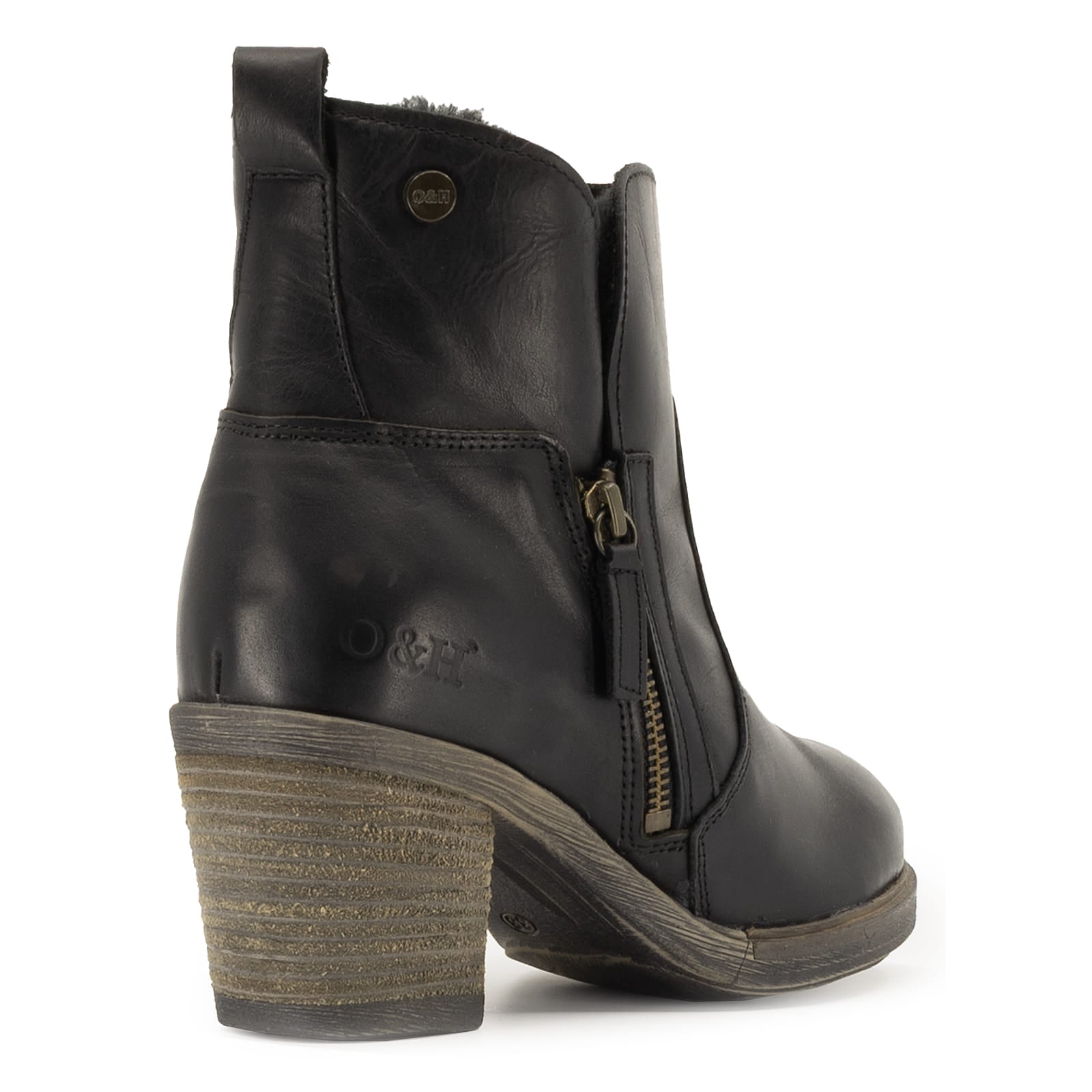heel view of Eastside boots in black showing block heel and O&H branding