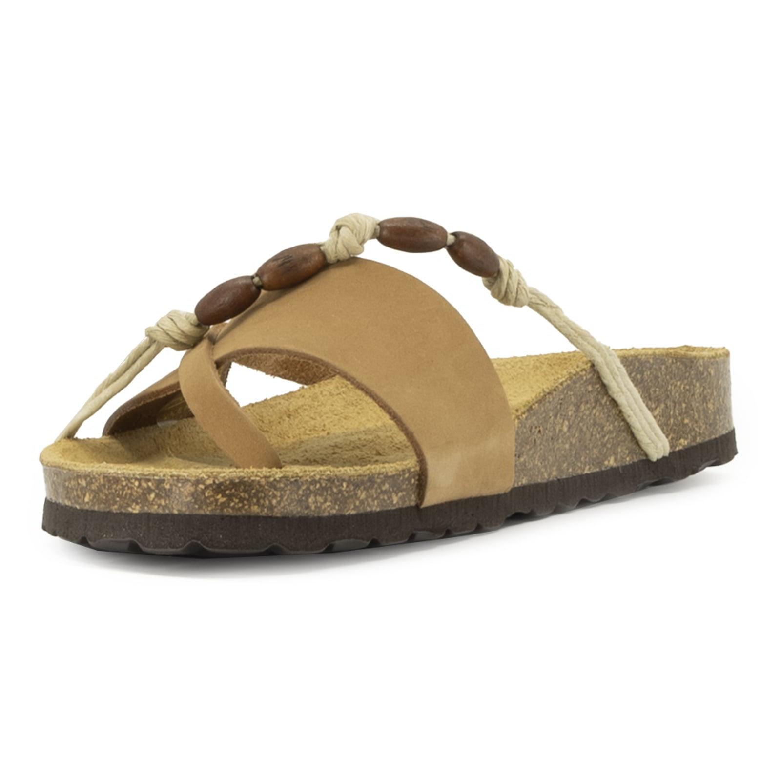 front angle view of tan oak & hyde ebony sandals highlighting braided strap detail and leather upper