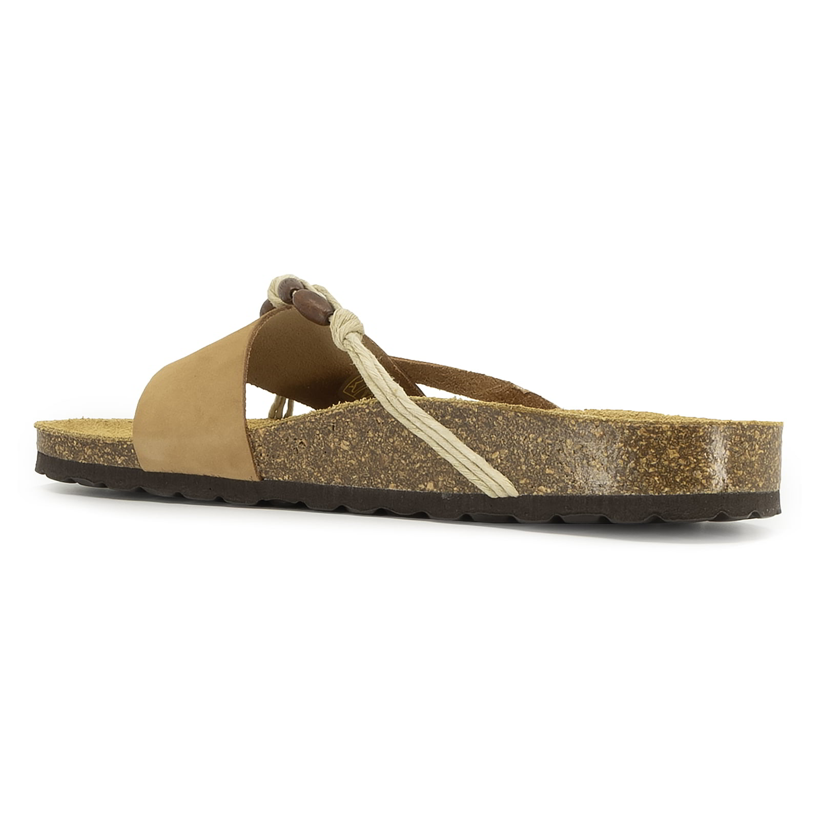 side view of tan oak & hyde ebony sandals showing cork midsole and thong style upper