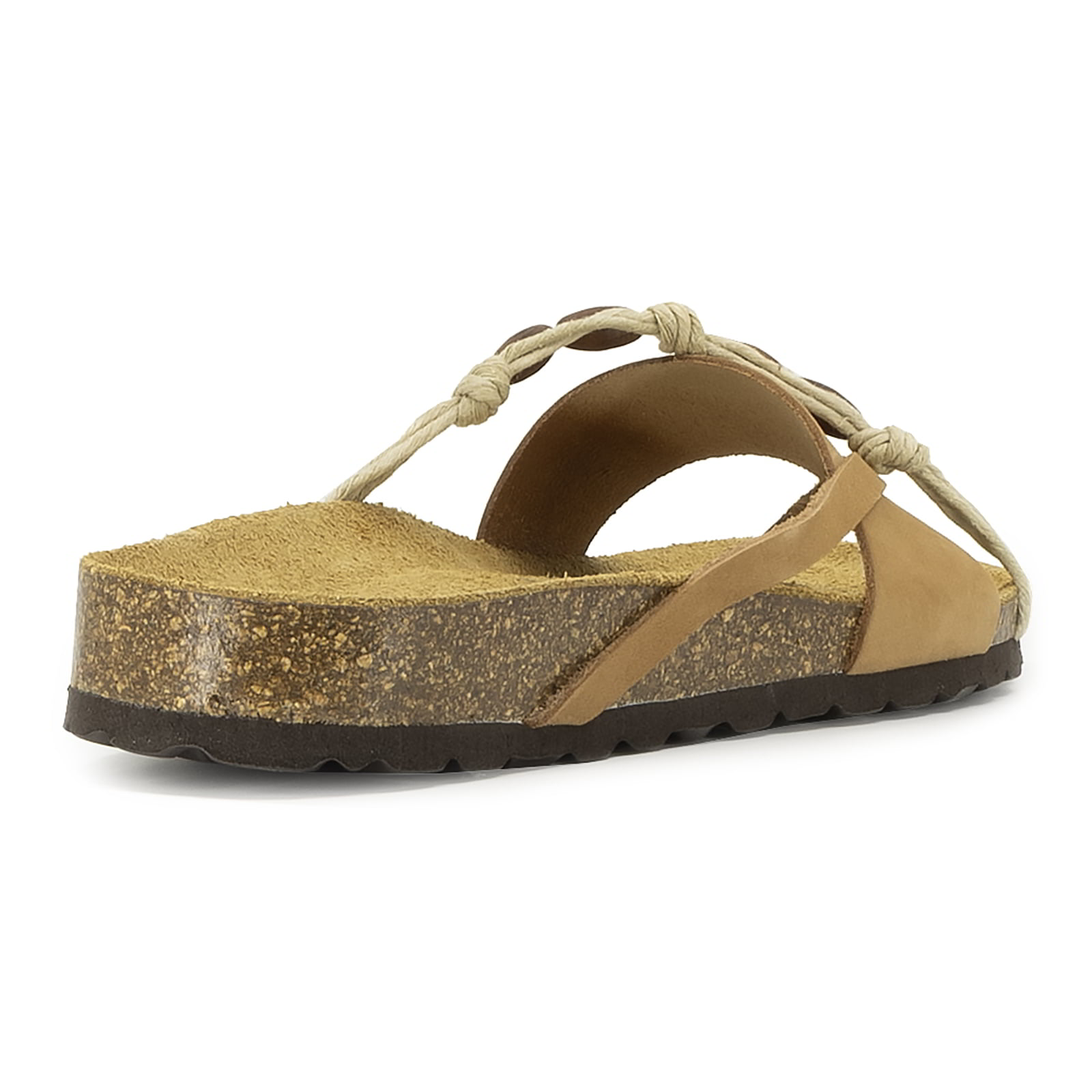 rear angle view of tan oak & hyde ebony sandals showing heel edge and cork sole